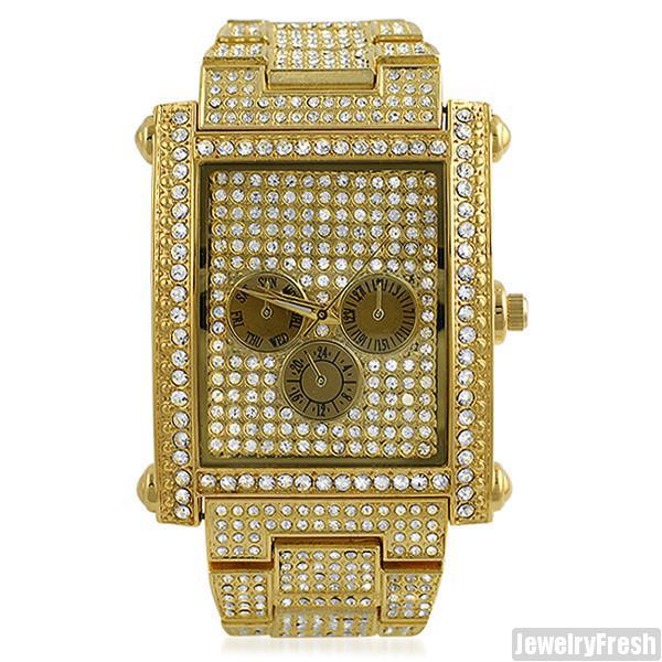 Luxury Gold Fully Iced Rectangle Face Czech Crystal Watch for Women - Elegant Fashion Accessory for Parties, Weddings & Special Occasions