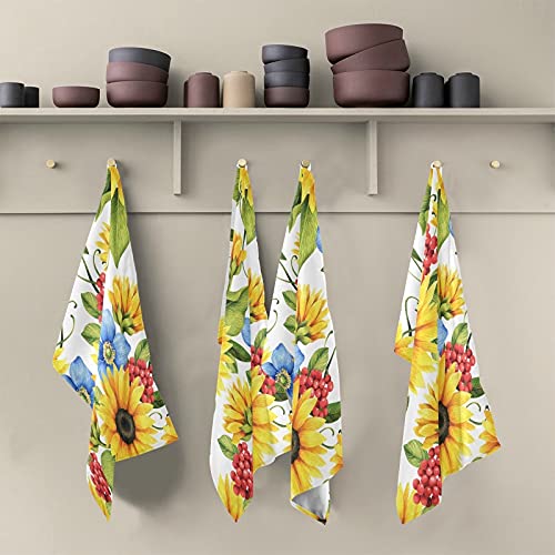 Floral Sunflowers & Poppies Kitchen Towels Set of 4 - 18x28 Inch Absorbent Dish Cloths for Drying Dishes, Home Decor & Kitchen Accessories | Perfect for Farmhouse, Rustic & Country Style Kitchens