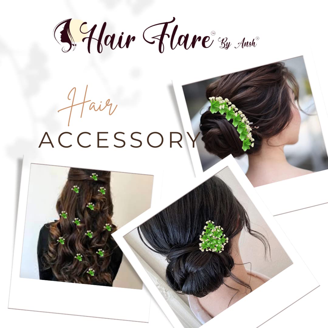 12 Pack Green 2445 Hair Flare Artificial Flower with Grass Leaves Hair Pin for Women & Girls - Perfect for Bridal, Wedding, Prom & Party Hair Accessories