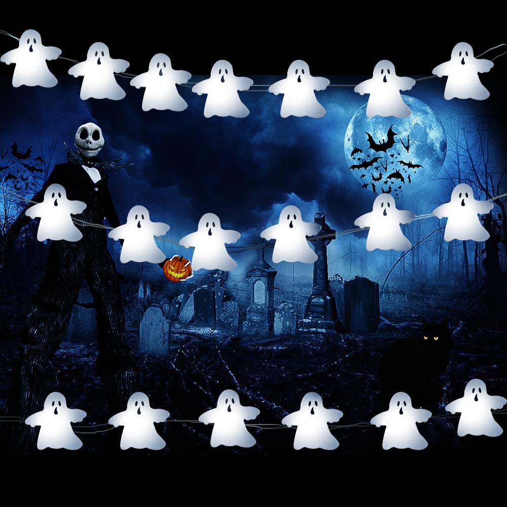 Lauva 10ft 40 LED Halloween Ghost String Lights - Battery Operated with Remote & Timer, Spooky Indoor/Outdoor Decor for Home, Party, Cosplay & Haunted House