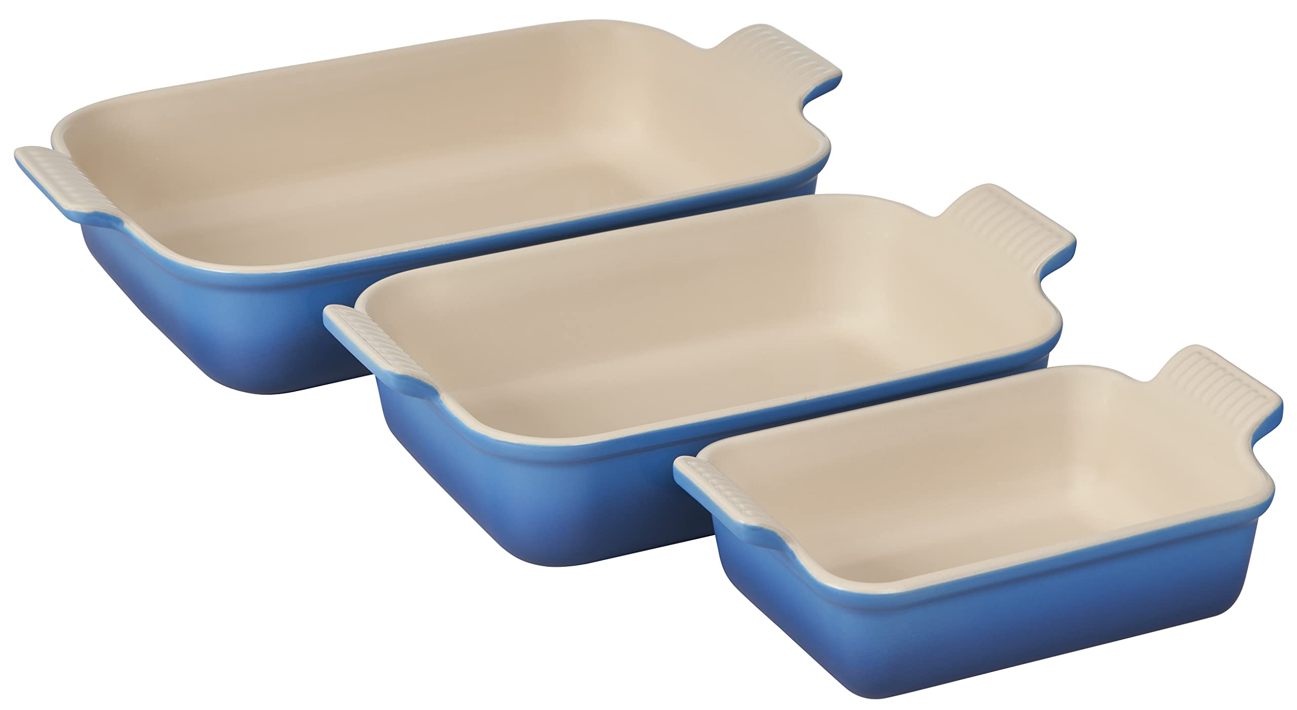 Le Creuset Stoneware Heritage Set of 3 Rectangular Baking Dishes in Marseille Blue - Oven Safe French Ceramic Cookware for Casseroles, Lasagna & Desserts