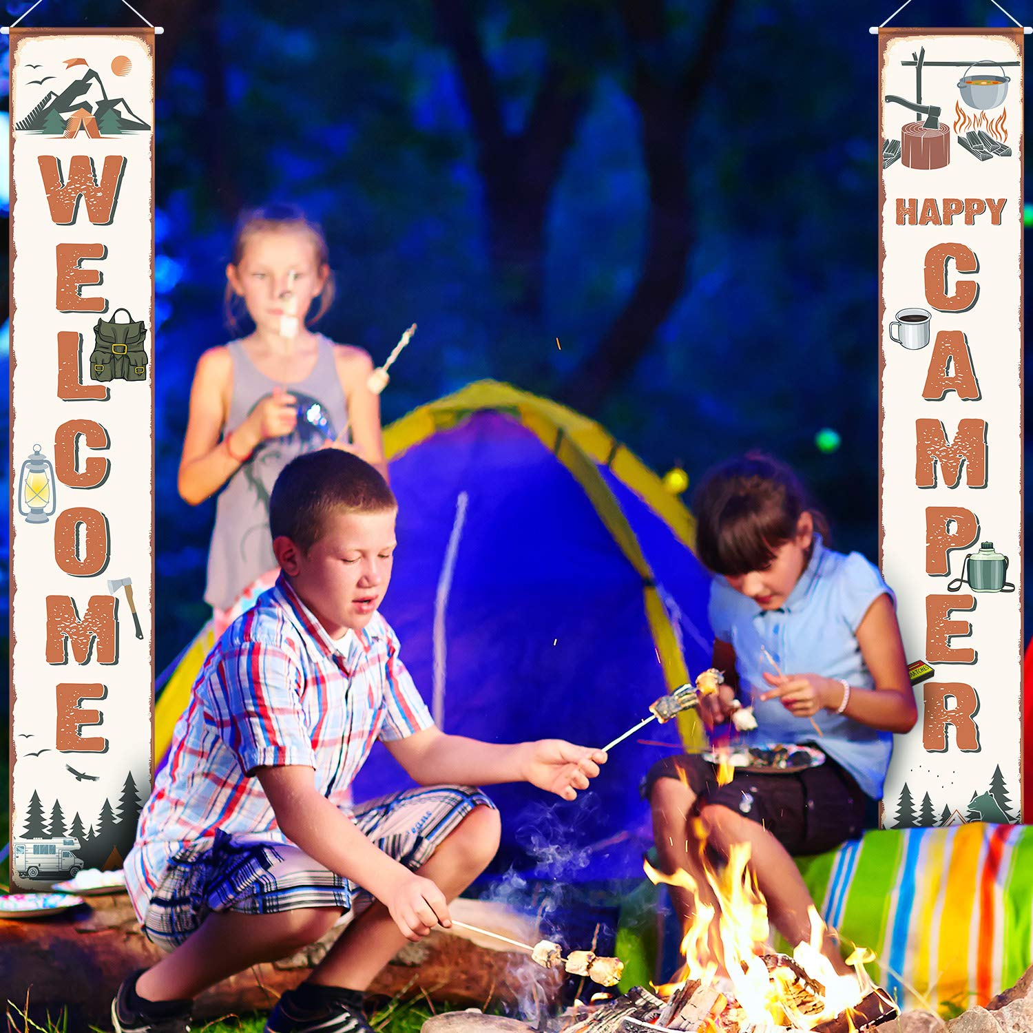2 Pack Camping Party Banner Decorations - Welcome Porch Sign for Camping Themed Birthday, Baby Shower & Outdoor Events - Perfect for Backyard Parties, RV Camping & Glamping Decor