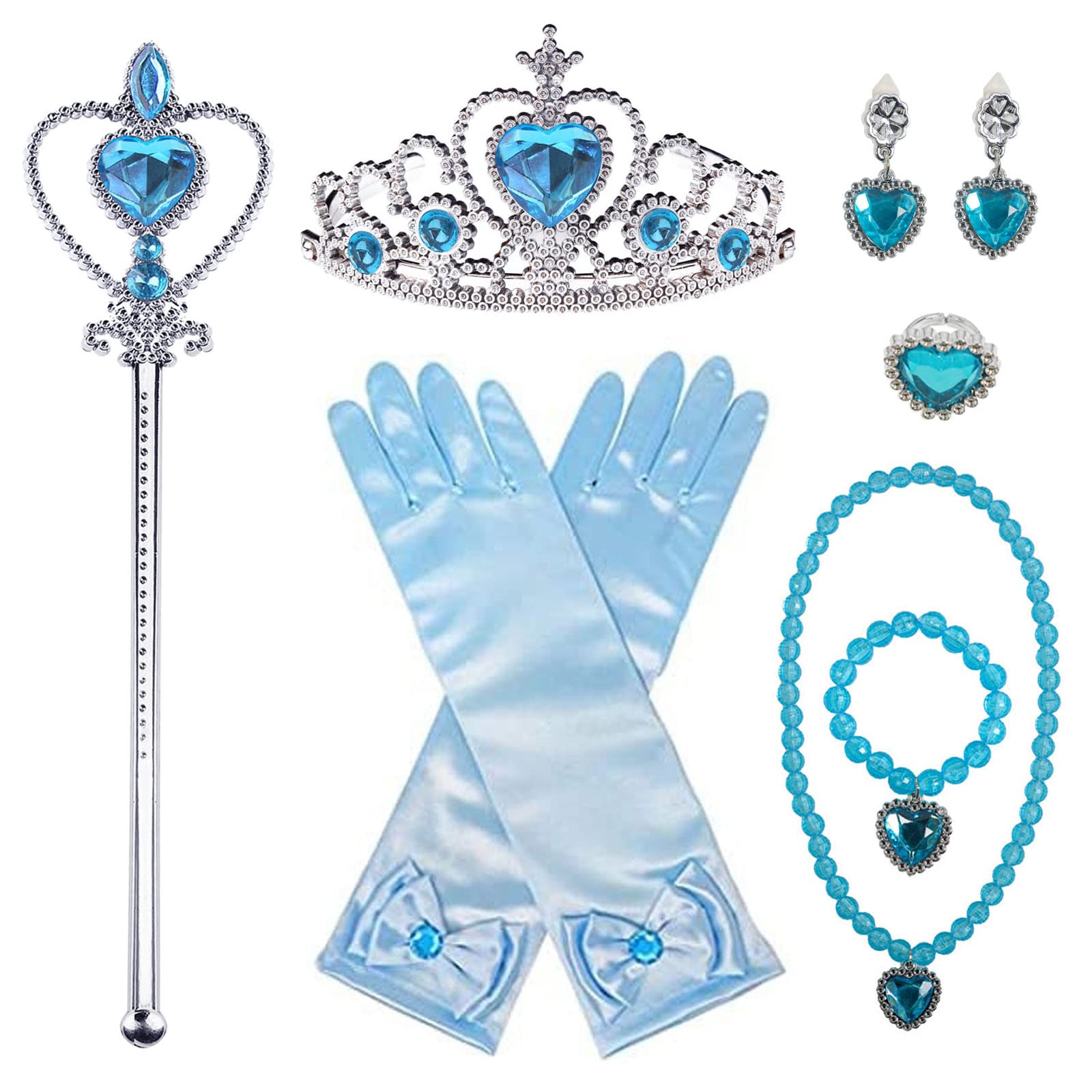 **Princess Dress Up Set for Girls - 7 Piece Costume Accessories with Crown, Wand, Necklace, Bracelet, Earrings, Ring & Gloves (Blue) - Perfect for Birthday Parties, Halloween & Pretend Play**