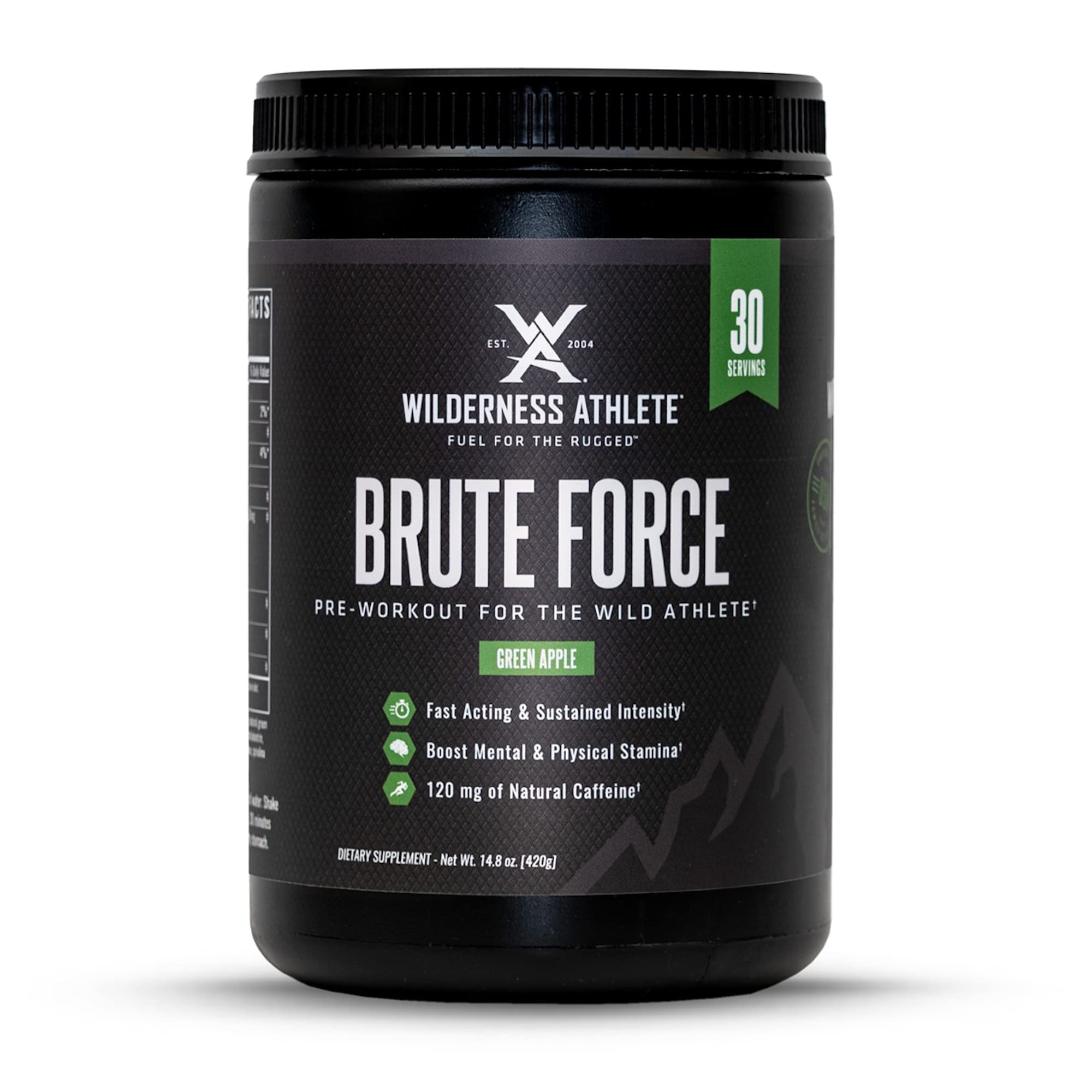 Wilderness Athlete Brute Force Pre-Workout Powder - Best Natural Caffeine Workout Supplement for Men & Women - Green Apple Flavor Preworkout Drink for Energy & Endurance - Perfect for Gym, CrossFit & Outdoor Training