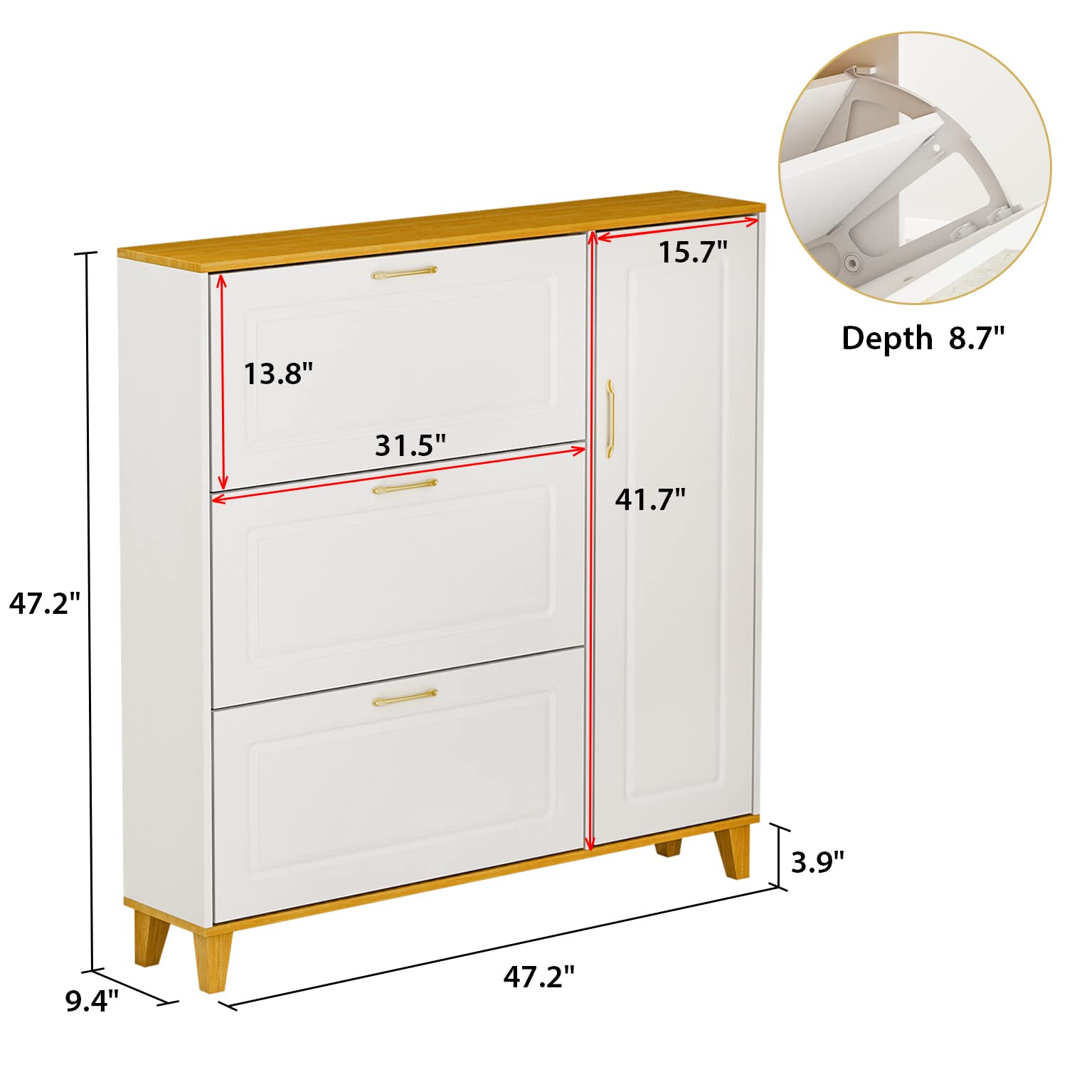 Modern Shoe Cabinet with 3 Flip Drawers & 1 Door - Freestanding Entryway Shoe Storage Organizer, White (47.2”W x 9.5”D x 47.2”H) - Perfect for Small Spaces, Apartments & Closet Organization