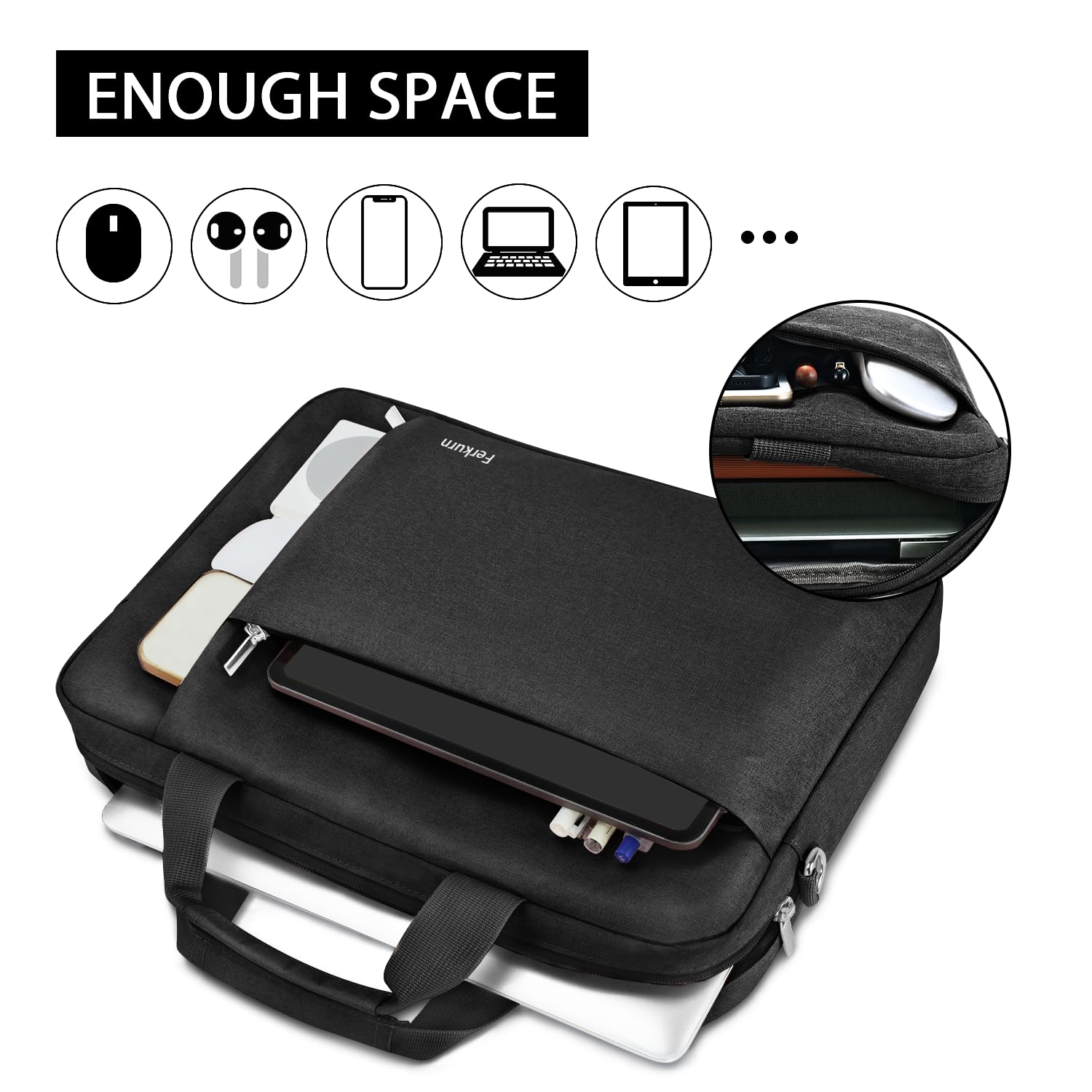 Ferkurn 14 15 15.6 Inch Laptop Bag for Women & Men - Waterproof Computer Briefcase Compatible with HP Pavilion, Dell Inspiron XPS, Lenovo ThinkPad, ASUS VivoBook, Acer Chromebook & More - Perfect for Work, School & Travel - Black Shoulder Messenger Bag