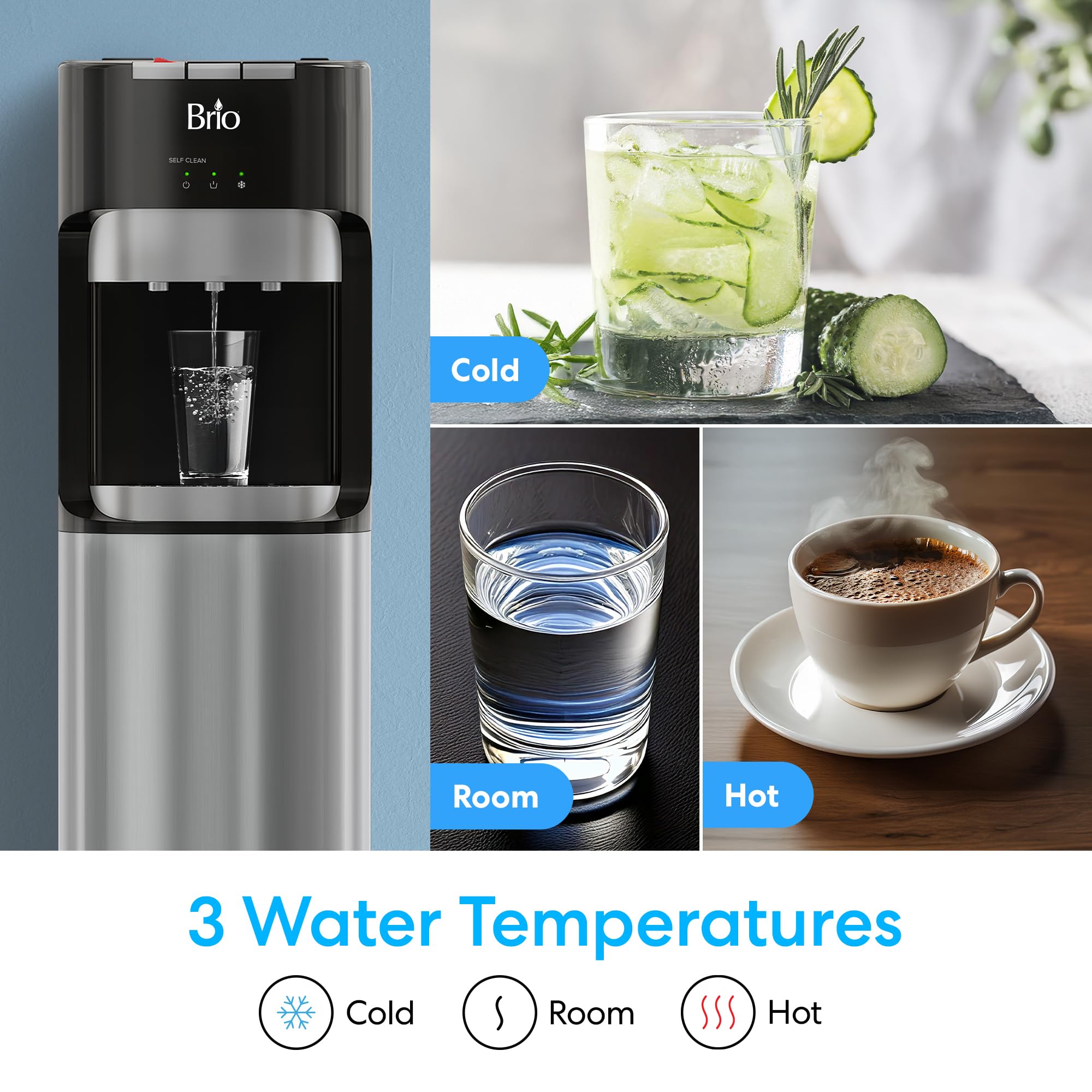 Brio Commercial Grade Bottleless Reverse Osmosis Water Cooler Dispenser with Ultra Safe Filtration - 3 Temperature Settings (Hot, Cold & Room) - UL Certified for Office & Home Use - Perfect for Kitchens, Break Rooms and Workplaces