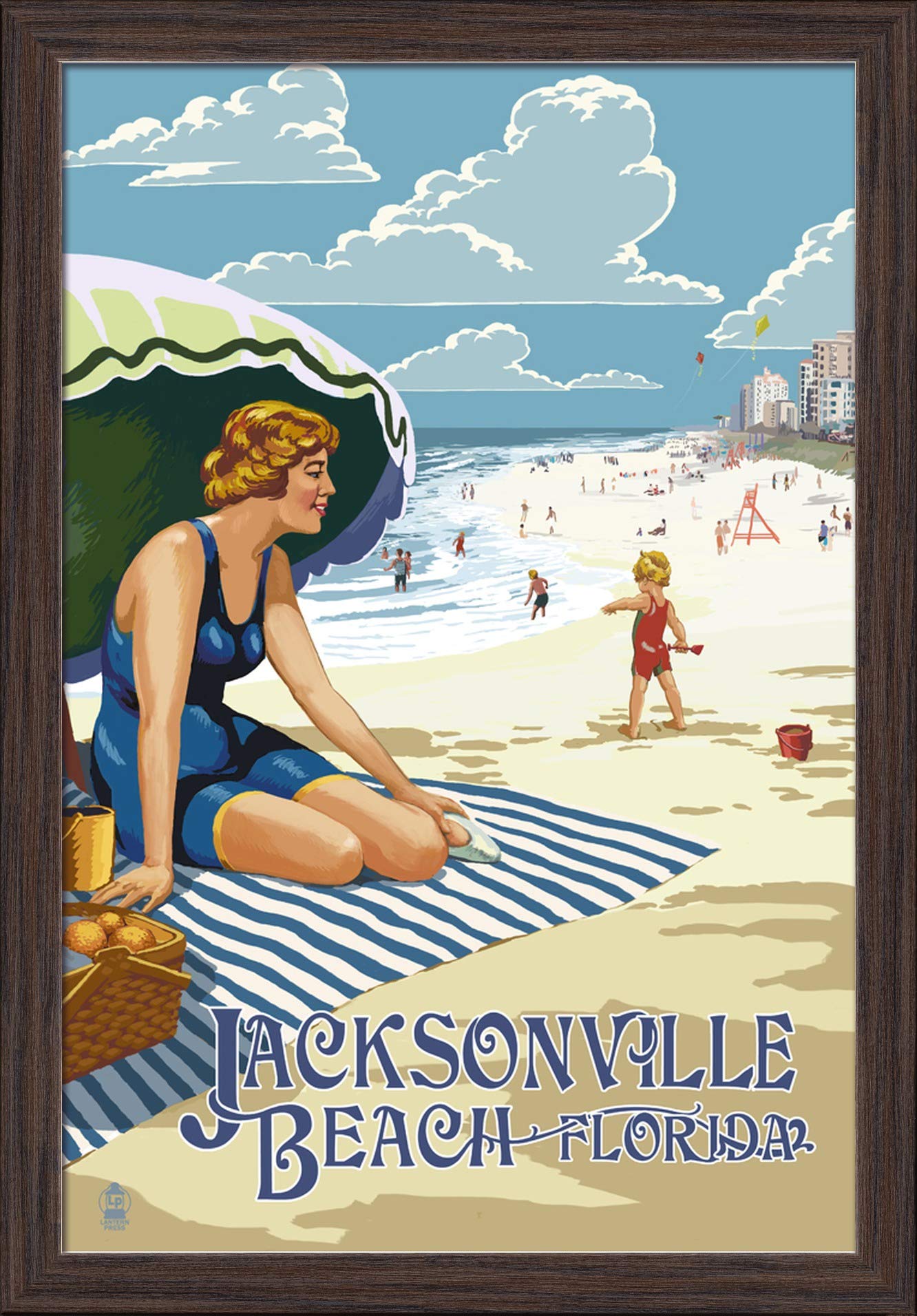 16x24 Giclee Fine Art Print - Jacksonville Beach Florida Coastal Scene with Woman - Recycled Wood Frame in Espresso Brown - Perfect for Beach House Decor, Living Room Wall Art & Coastal Home Styling