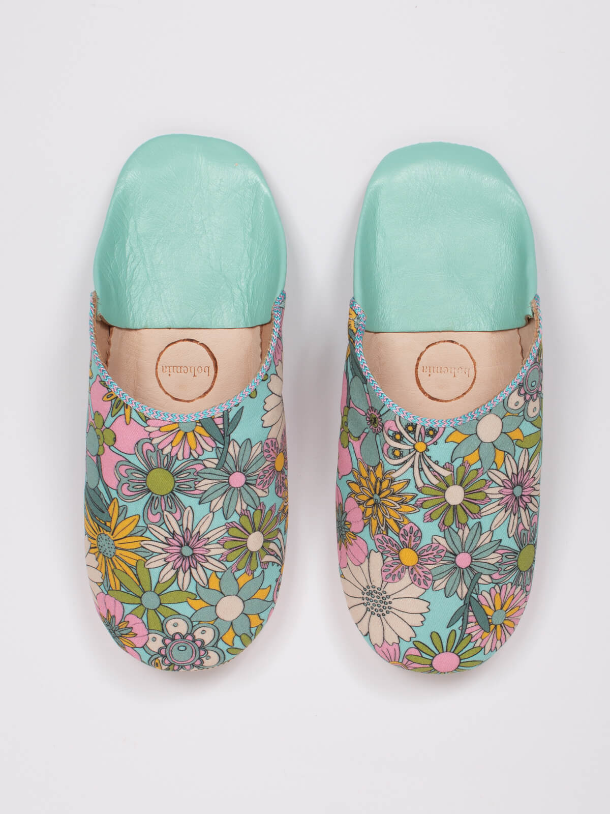 Margot Floral Babouche Slippers for Women - Soft Duck Egg Blue Moroccan Style House Shoes | Perfect for Home, Lounge & Indoor Comfort