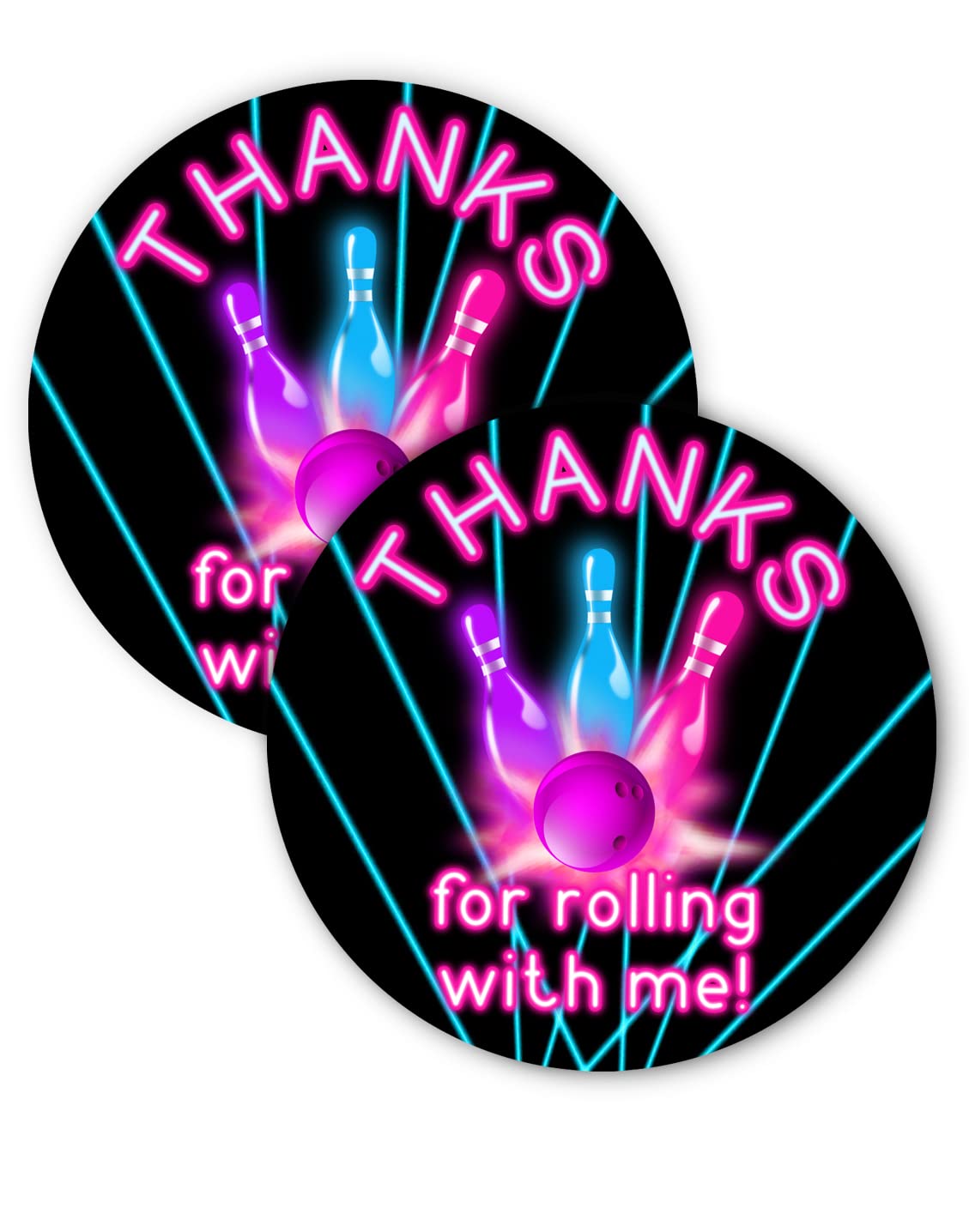 Bowling Party Favor Stickers - 20 Pack Glow Pink Thank You Tags for Bowling Party Supplies & Decorations - Perfect for Favor Bags, Birthday Parties & Bowling Themed Events