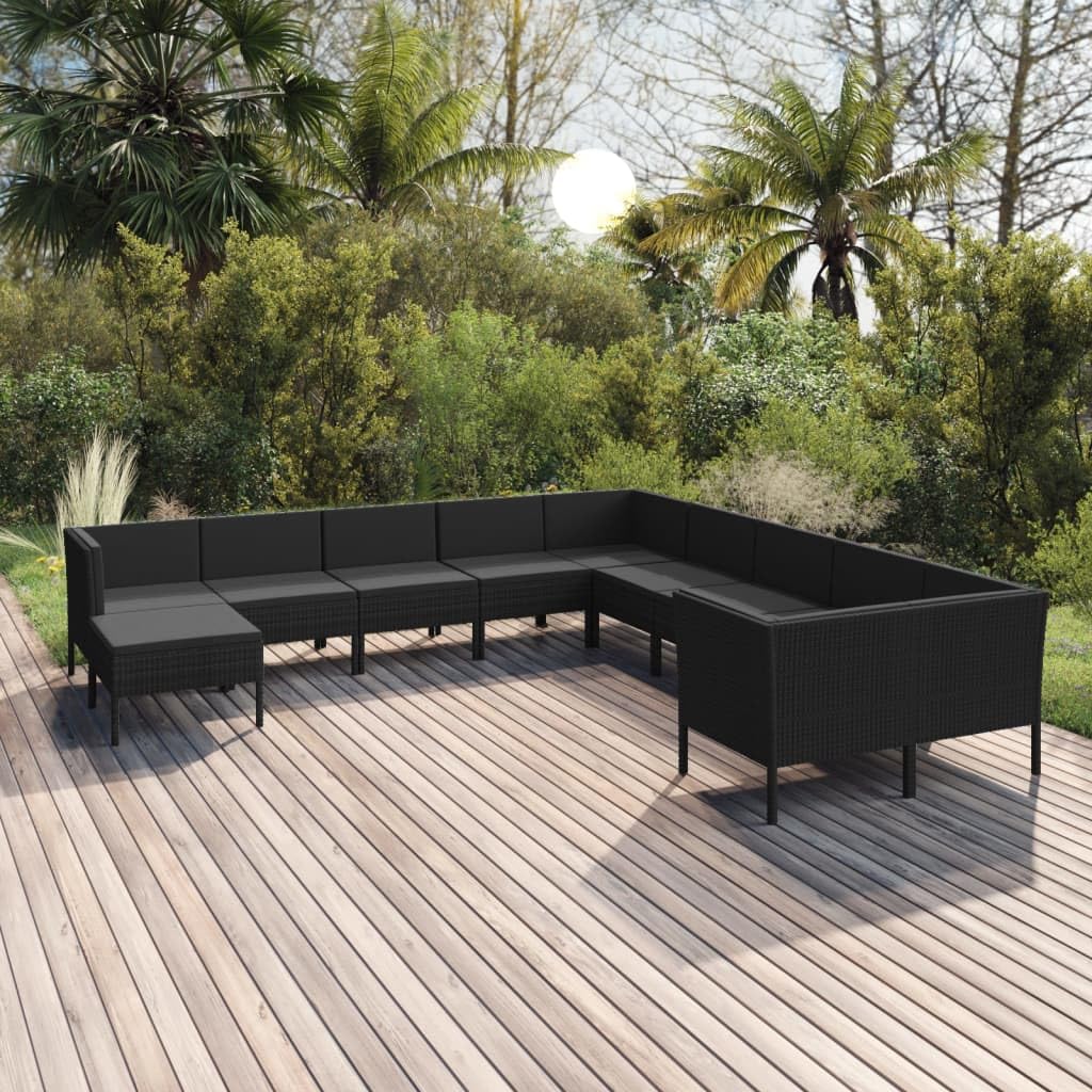 vidaXL 11-Piece Patio Lounge Set with Cushions - Black Poly Rattan Outdoor Furniture for Garden, Terrace & Yard - Perfect for Relaxing, Entertaining & Lounging