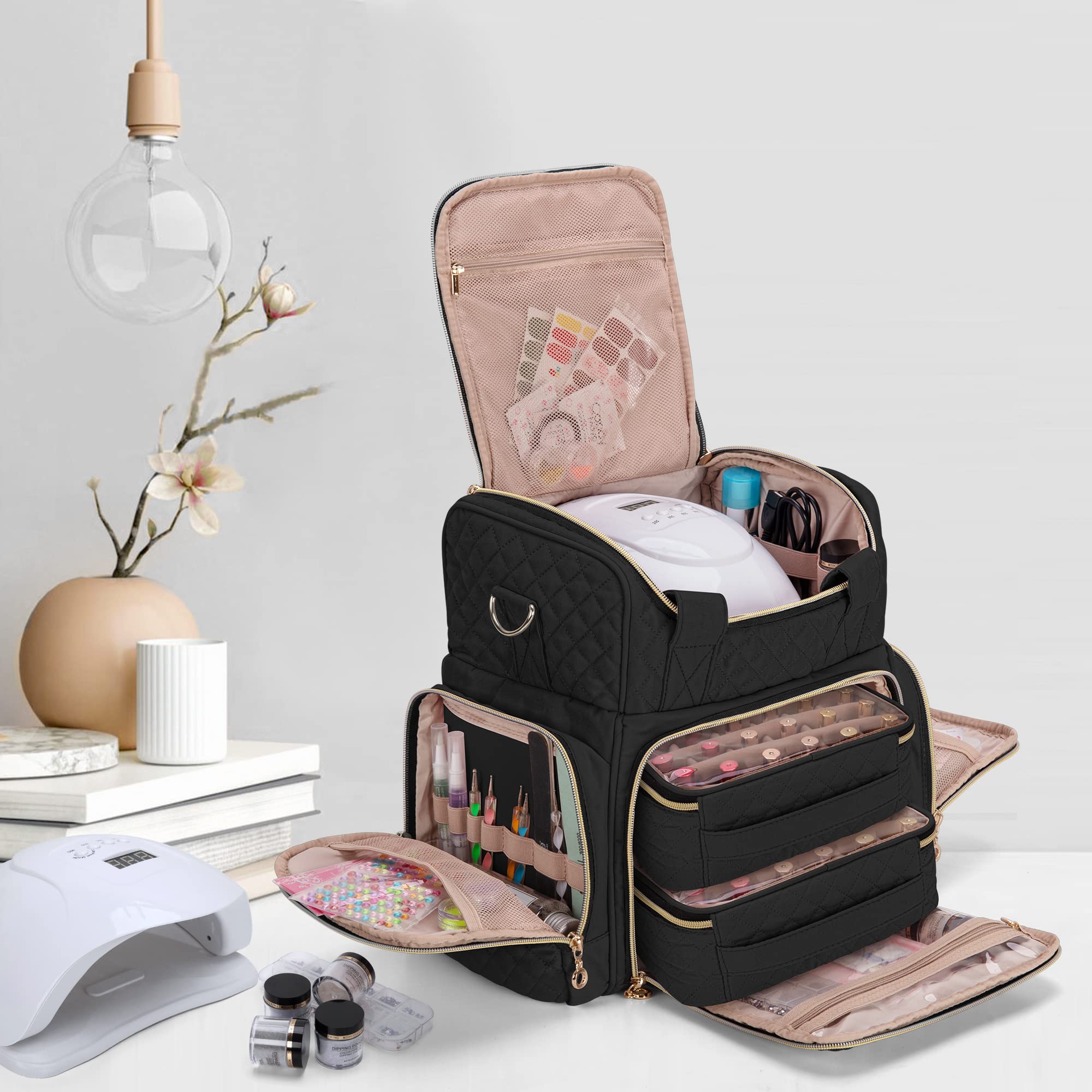LUXJA 48 Bottle Nail Polish Organizer with Nail Lamp - Portable Nail Art Storage Case with 2 Removable Bags & Tool Pockets (Black) - Perfect for Salon Professionals & At-Home Manicures