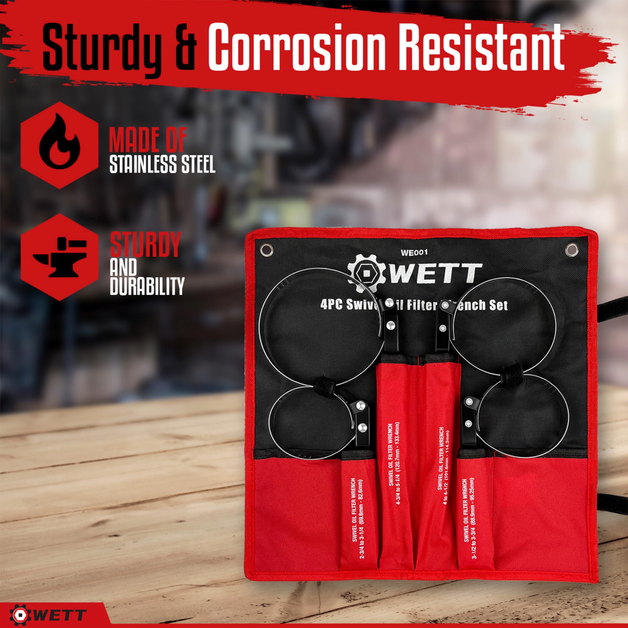 WETT 4-Piece Swivel Oil Filter Wrench Set - Standard Oil Filter Removal Tool (2-3/4