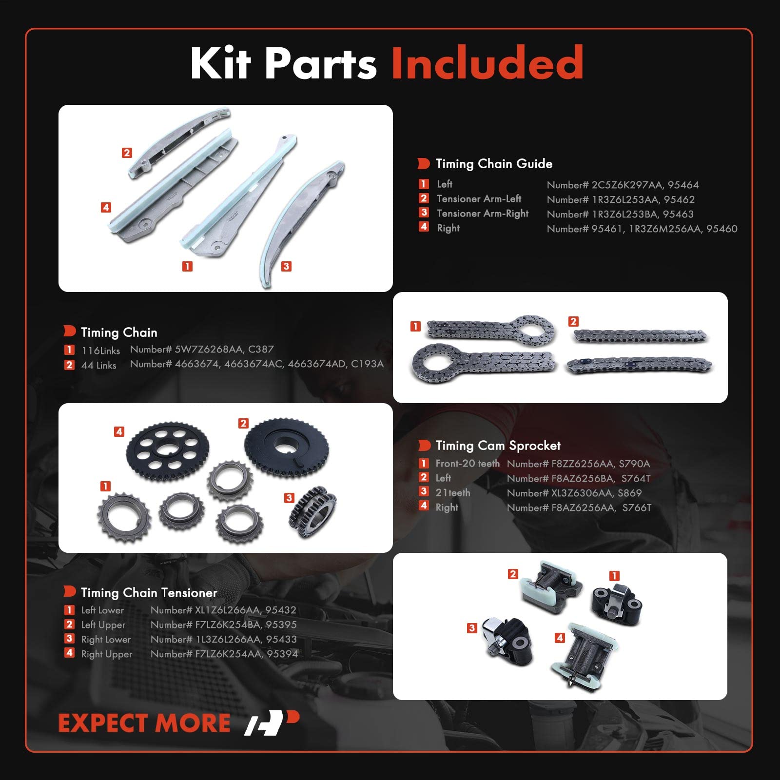 Premium 19-Piece Engine Timing Chain Kit with Tensioner, Sprocket & Guide - Compatible with Ford Mustang 2003-2004, Lincoln Aviator 2003-2005, Mercury Marauder 2003-2004 (Fits DOHC 8-Cylinder 4.6L Engines) - Perfect for Engine Repair & Performance Upgrades