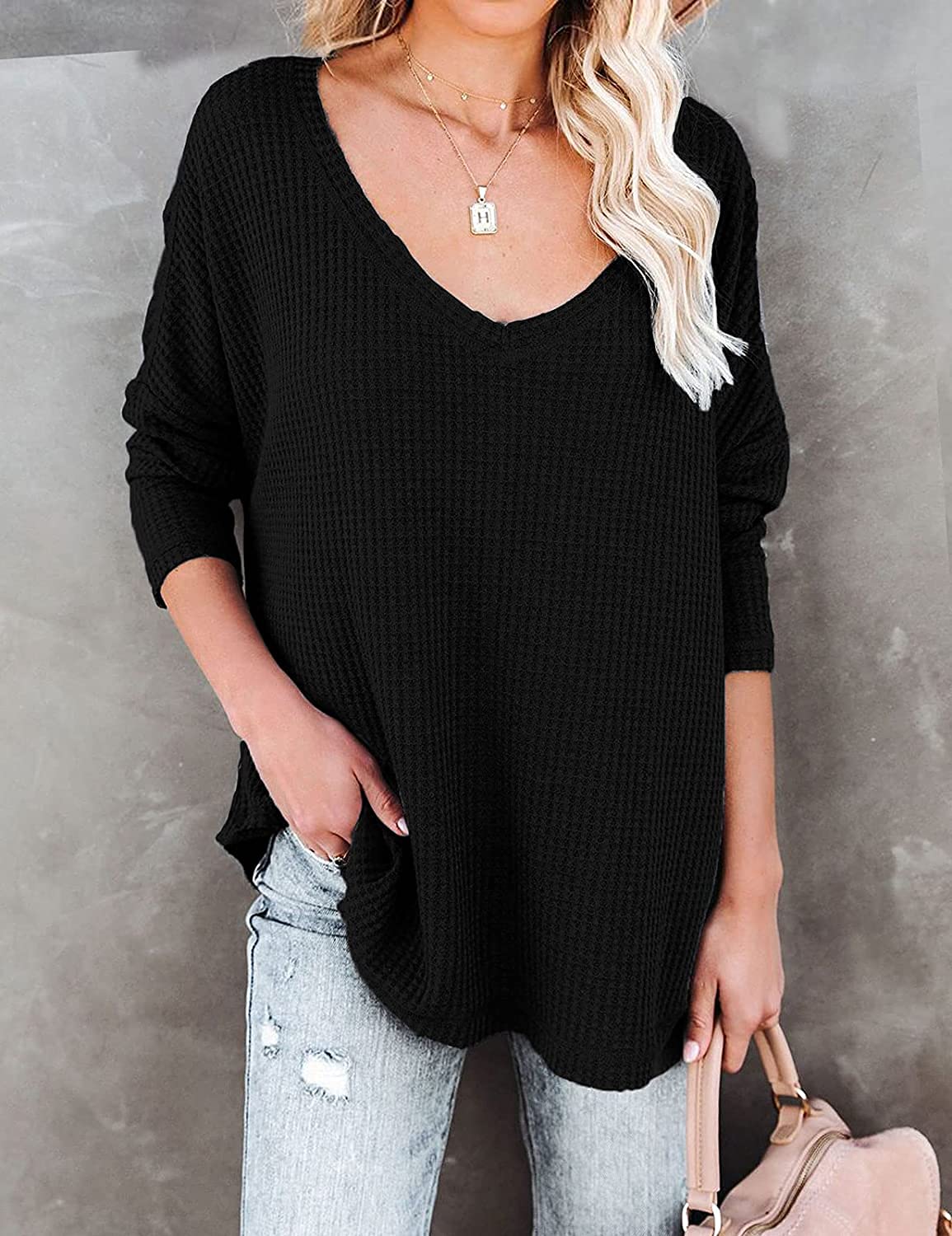 Lilychan Women's V-Neck Waffle Knit Short Sleeve Blouse - Casual Summer Loose Tunic Top for Beach, Office & Everyday Wear