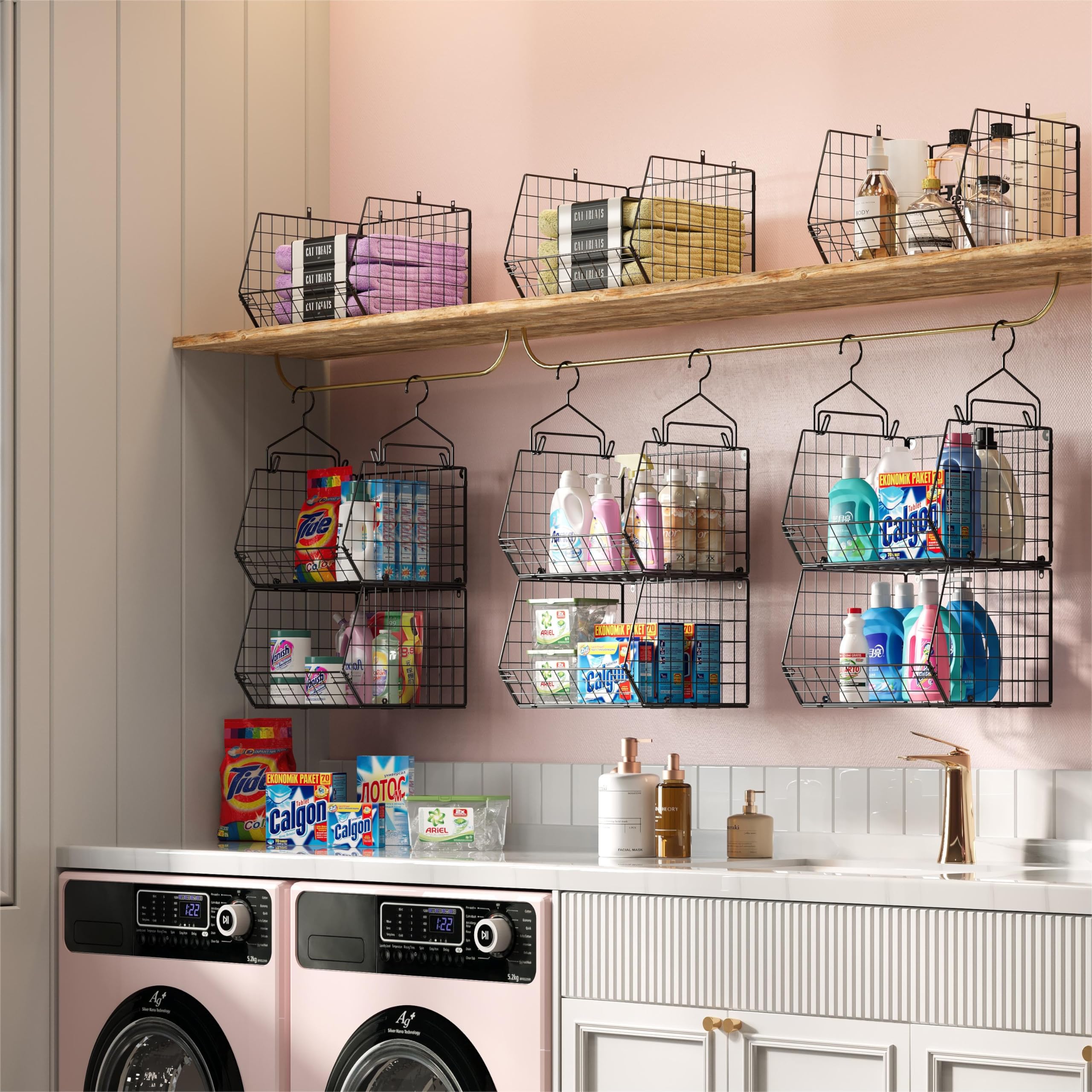 5-Tier Closet Hanging Organizer with 4 Hooks & 5 S-Hooks - Wire Storage Baskets for Clothes, Sweaters, Shoes, Handbags & Accessories - Space-Saving Wardrobe Organizer for Bedroom, Closet & Dorm Storage
