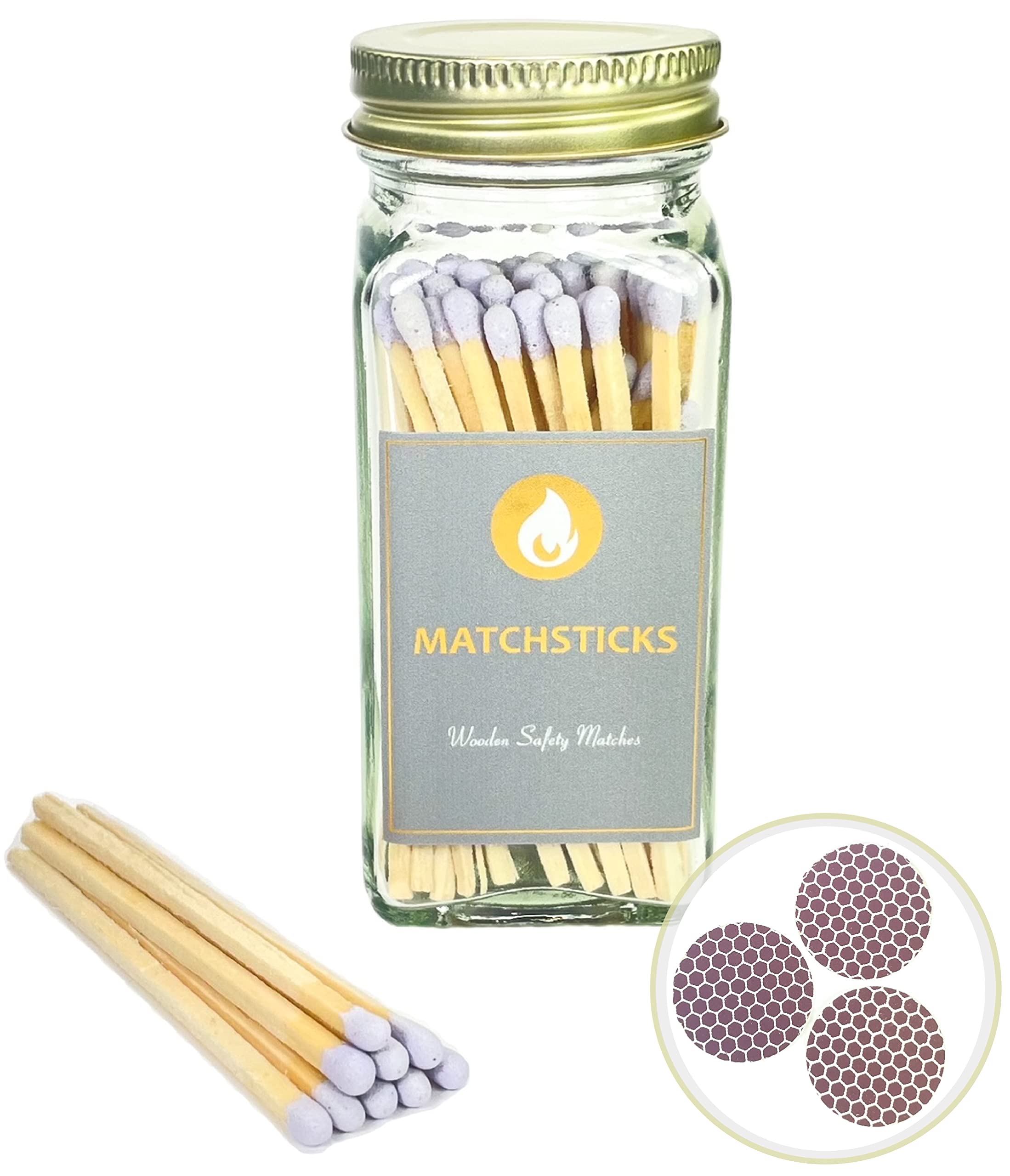Premium Gold Top Apothecary Jar with Wooden Safety Matches - 3 Free Replacement Strikers Included - Decorative Lavender Purple Matches for Candles, Fireplaces & Home Decor - Perfect for Romantic Dinners, Emergency Kits & Gift Giving