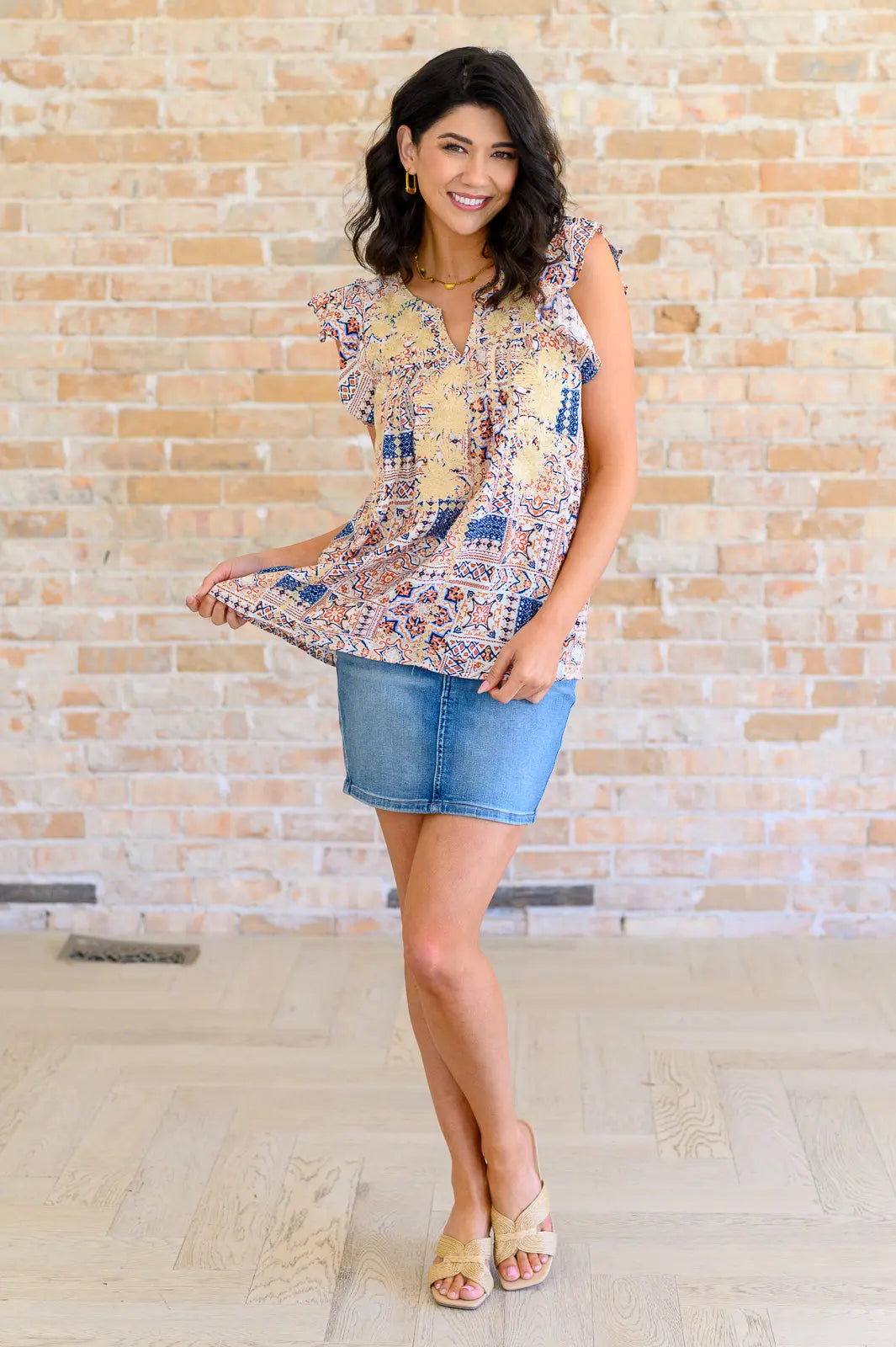 Love of My Life Flutter Sleeve Denim Taupe Top | Women's Casual Blouse for Date Night & Summer Outfits