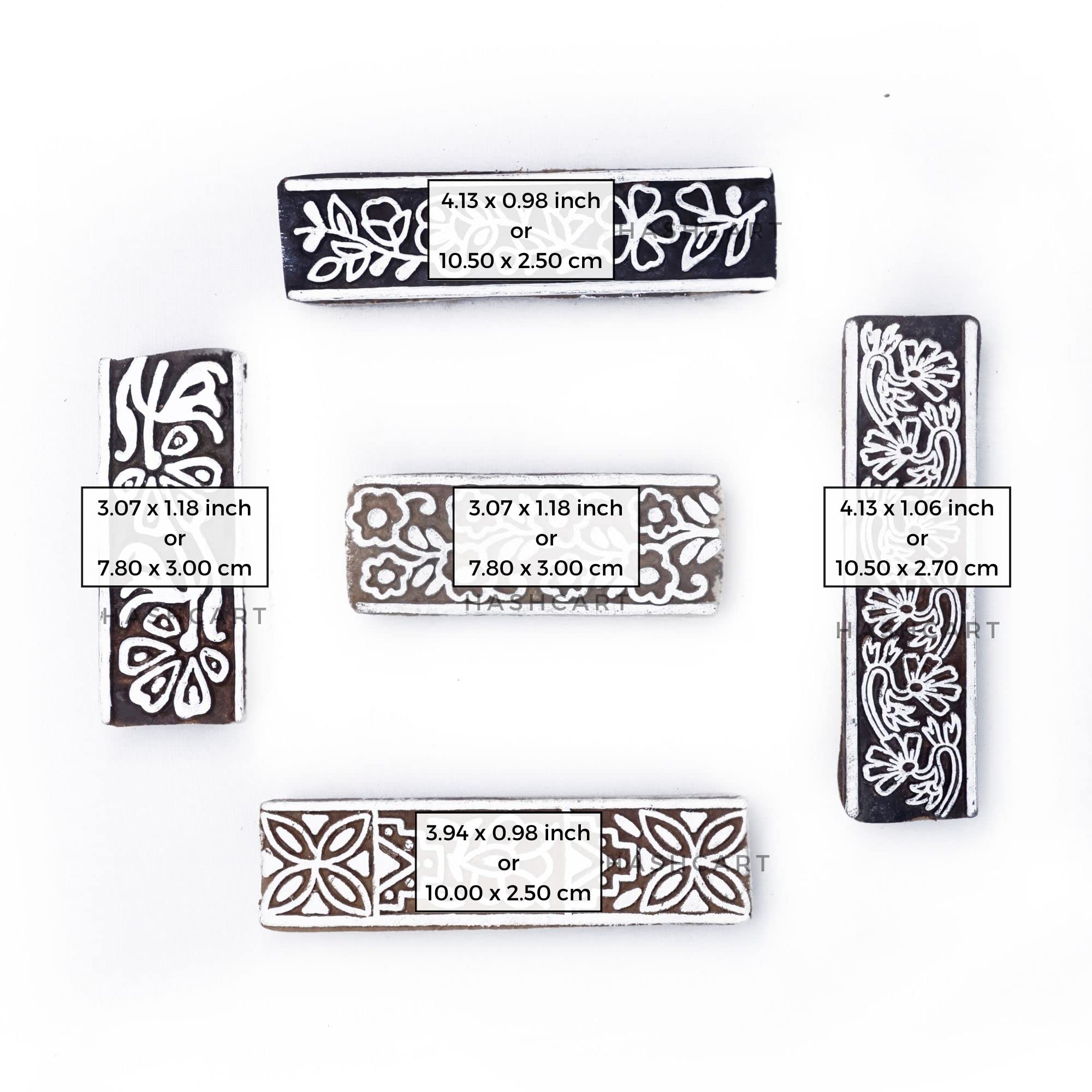5-Piece Indian Wooden Block Stamps Set for Fabric Printing, Textile Stamping, Clay & Henna Tattoo Designs - Traditional Border Patterns for DIY Crafts, Home Decor & Art Projects - HASHCART®