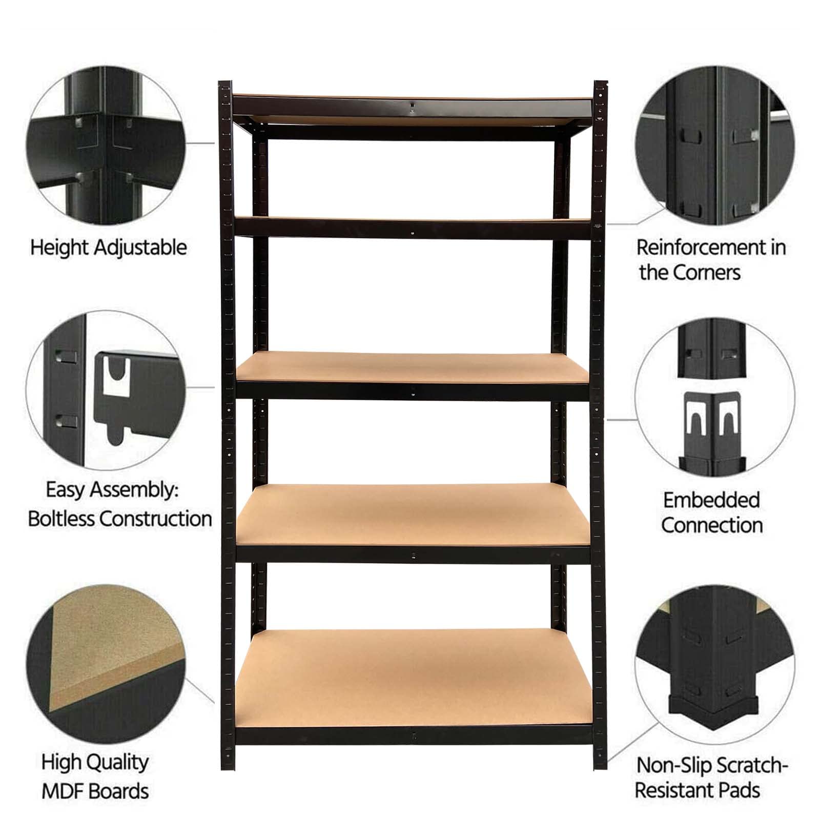 5-Shelf Heavy Duty Metal Storage Shelving Unit - Adjustable Garage Shelves, Bolt-Free Assembly, Steel Utility Rack for Office, Garage & Kitchen Organization (60
