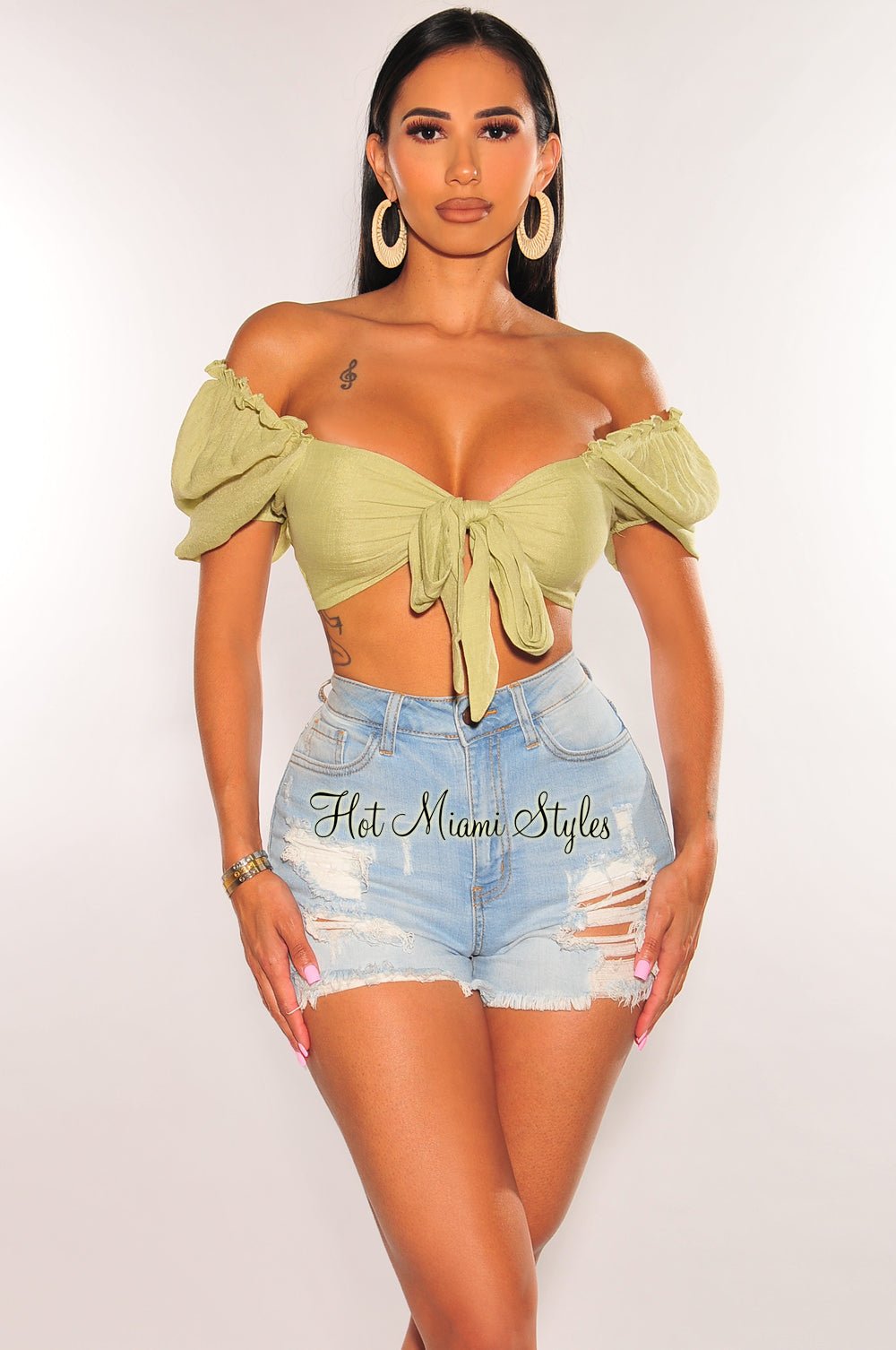 Apple Green Linen Puffed Sleeve Tie Up Smocked Crop Top for Women - Summer Boho Chic Blouse for Casual Outings & Beach Vacations