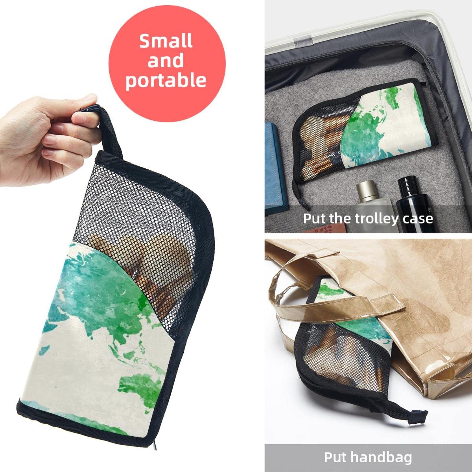 Watercolor World Map Makeup Brush Organizer Bag with 12 Brushes - Portable Cosmetic Brush Holder Case for Travel, Home Vanity & Professional Makeup Artists