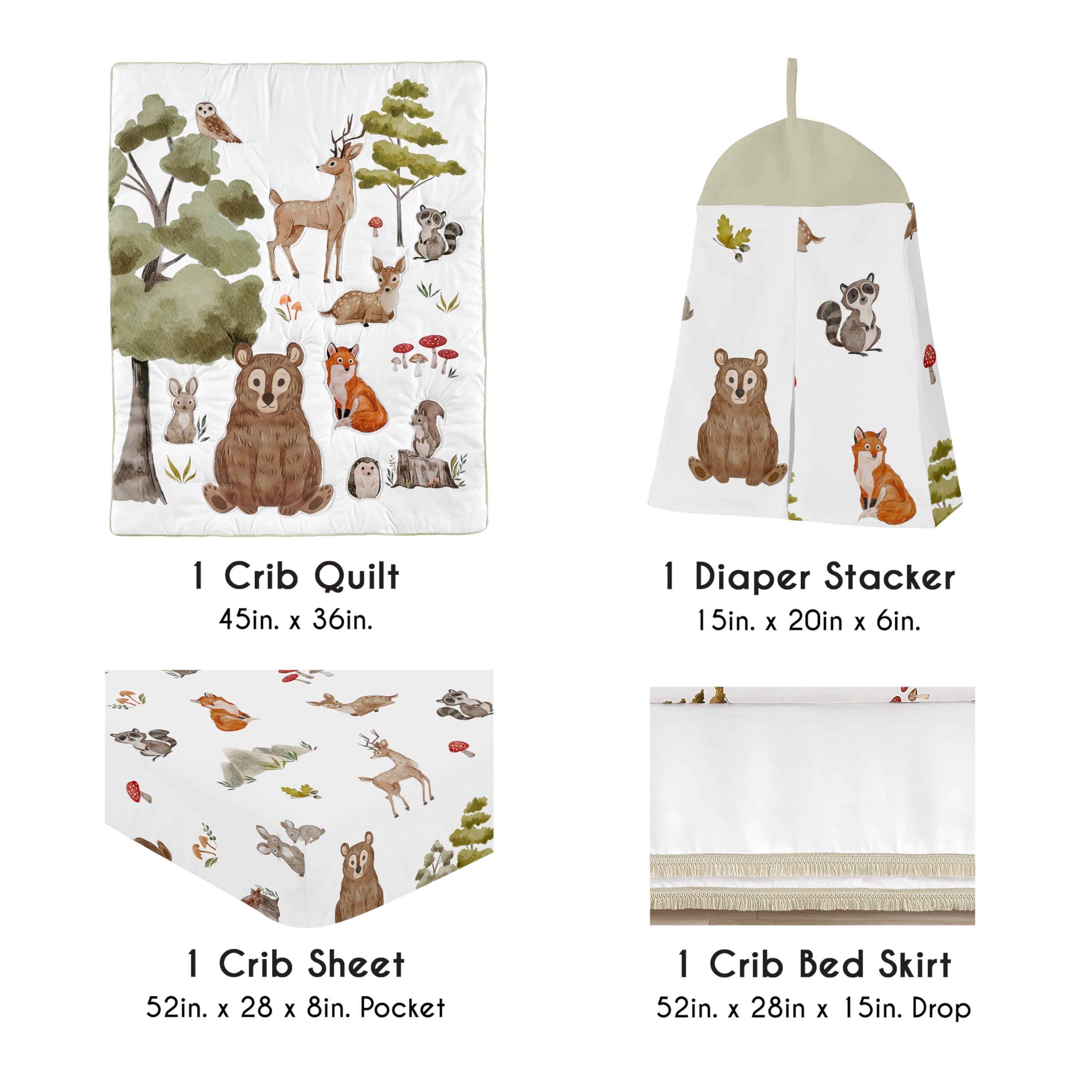 Sweet Jojo Designs 4-Piece Baby Crib Bedding Set - Woodland Animals Nursery Set for Boys & Girls (Blanket, Fitted Sheet, Skirt, Diaper Stacker) | Neutral Forest Theme with Bear & Hedgehog | Perfect for Newborn Nursery Decor & Baby Shower Gifts