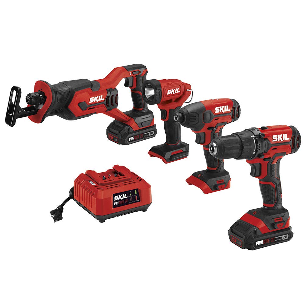 SKIL 20V Cordless 4-Tool Combo Kit - Drill Driver, Impact Driver, Reciprocating Saw & LED Work Light with 2 x 2.0Ah Batteries & Charger (CB739601, White) - Perfect for DIY Home Improvement, Construction & Woodworking Projects