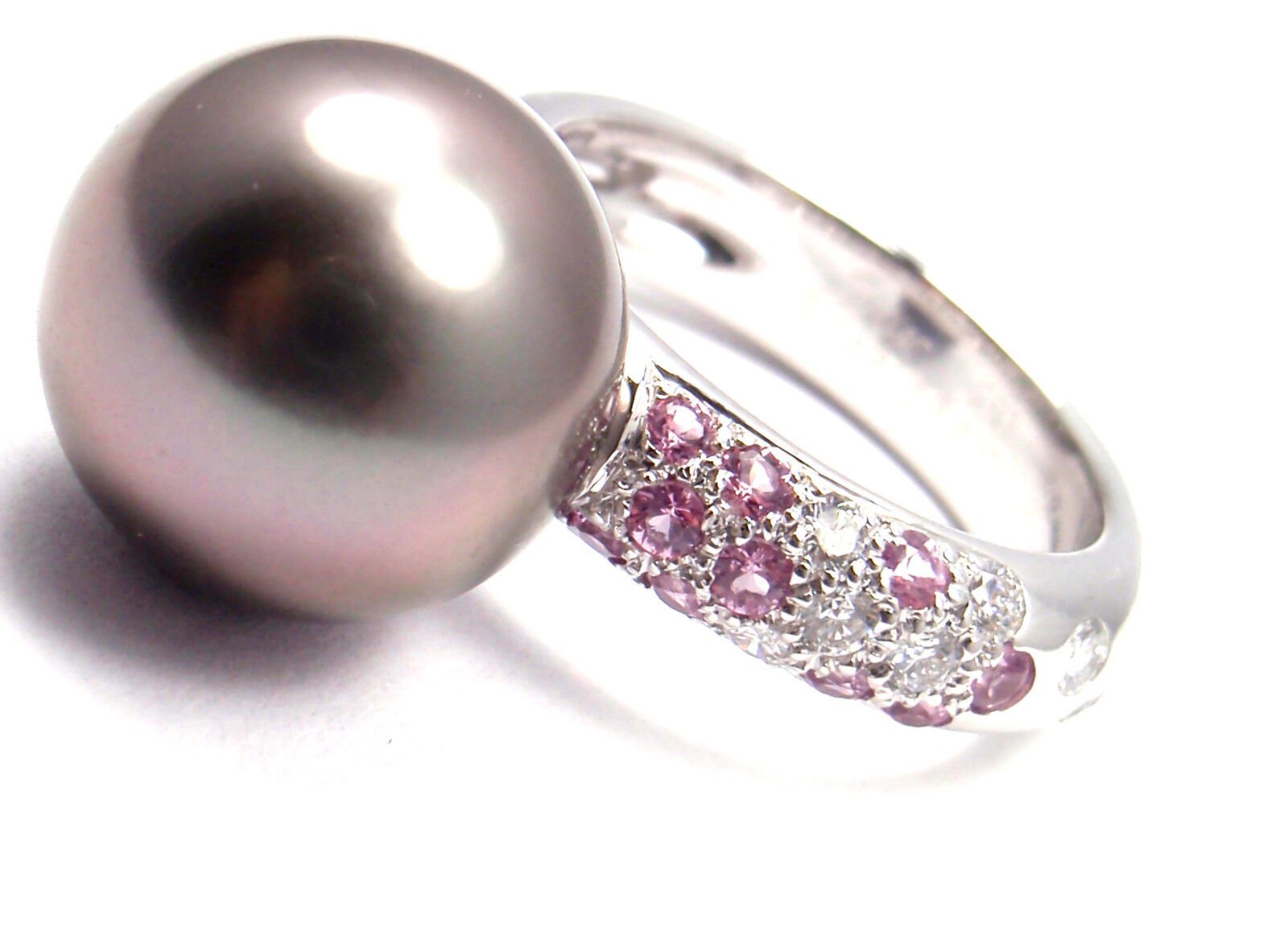 Authentic Cartier 18K White Gold Tahitian Pearl Diamond Pink Sapphire Ring for Women - Luxury Jewelry Gift for Anniversary, Valentine's Day & Special Occasions