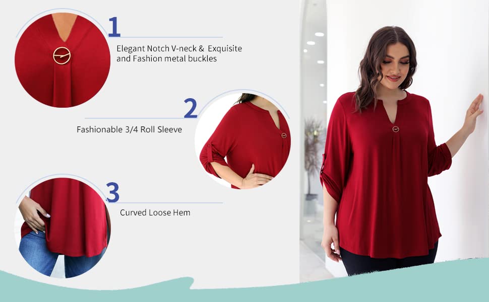 Elegant 3/4 Sleeve Tunic Blouse for Women - Plus Size Dressy Casual Tops (M-4XL) in Black | Perfect for Office Wear, Date Nights & Special Occasions