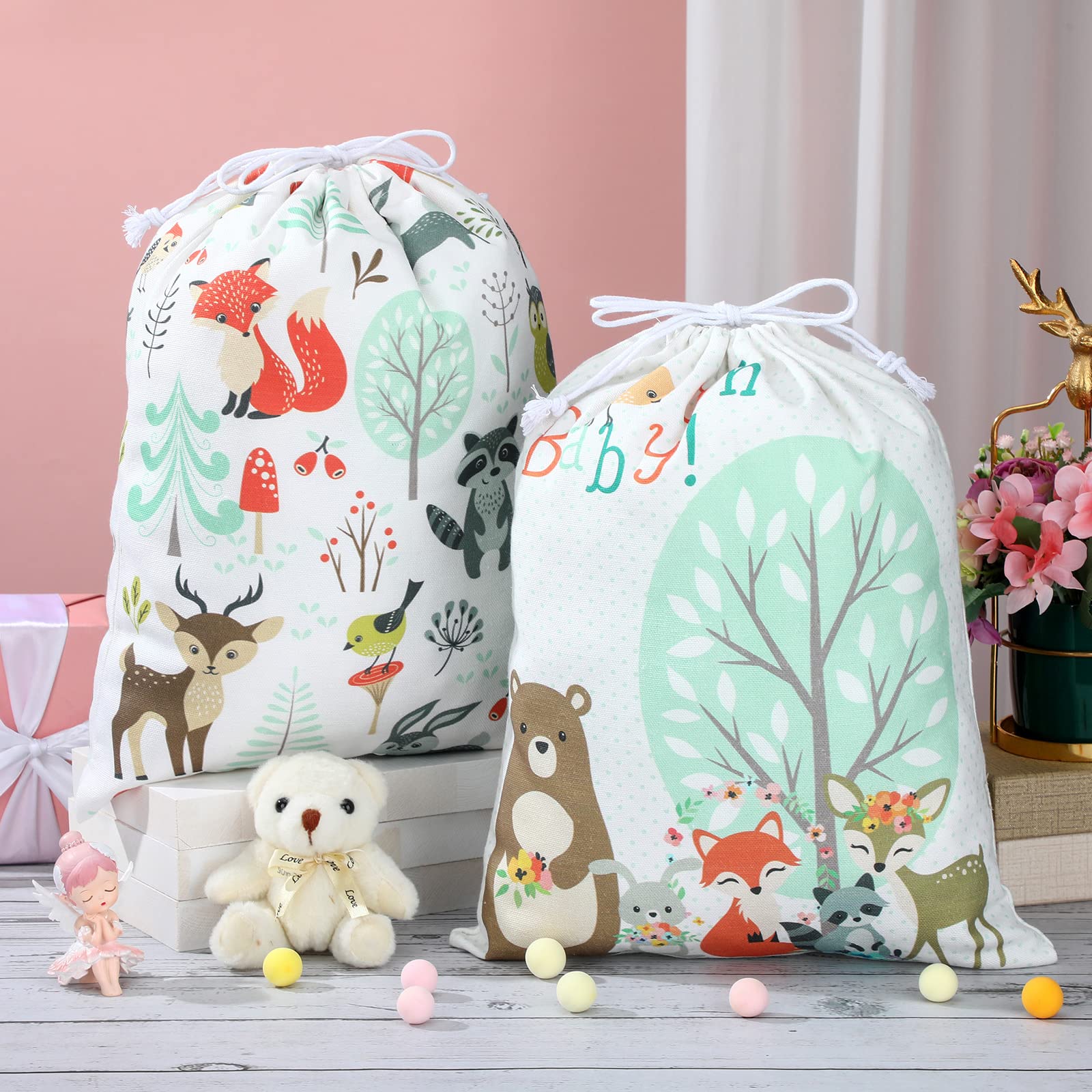 Shappy 2 Pack Reusable Woodland Animal Drawstring Gift Bags - 15.75 x 11.81 Inch Large Fabric Gift Wrap for Baby Showers, Birthday Parties, Gender Reveals & Jewelry Gifts - Eco-Friendly Party Favor Bags for Special Occasions