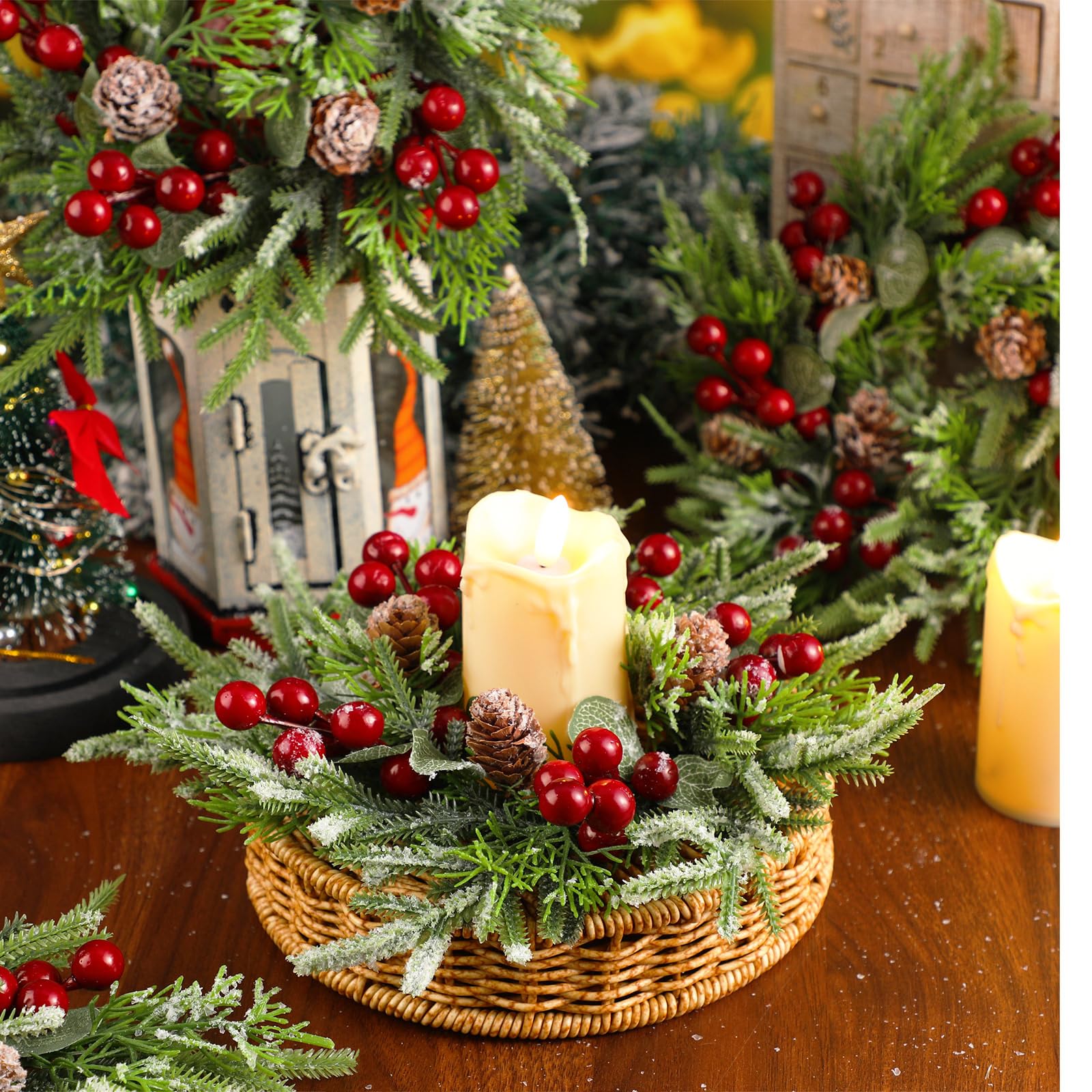 Lyrow 24 Pcs Christmas Candle Rings - Norfolk Pine Garland with Red Berries & Pinecones, Artificial Snowy Wreath for Candle Holders - Perfect for Christmas Decor, Wedding Centerpieces, and Holiday Table Decorations