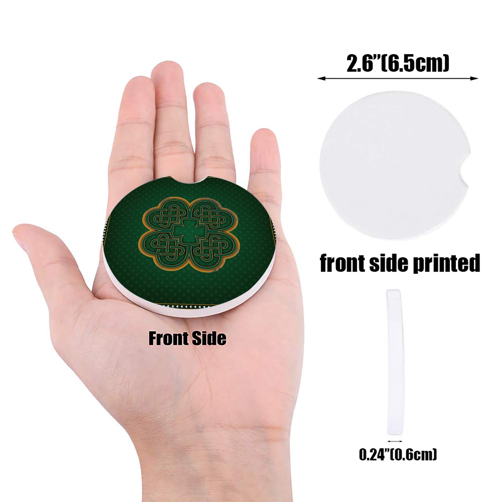 4Pcs Irish Celtic Knot Drink Coasters for Cars - Golden Clover Leaf Design, Absorbent Stone Cup Holders in Blackish Green | Perfect Car Accessories for Coffee, Soda & Beverage Protection
