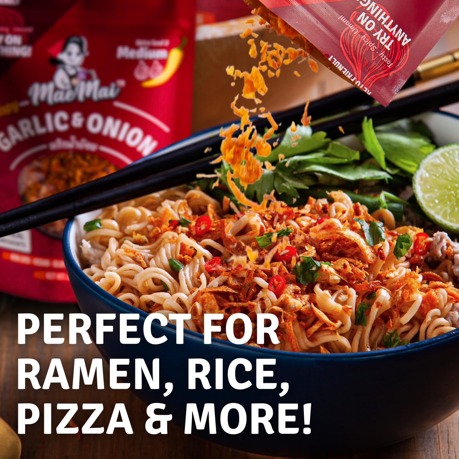 MaeMai Medium Spicy Crispy Onions & Garlic Flakes - Crunchy All-Purpose Seasoning for Keto, Salads, Ramen, Rice | Vegan, Gluten-Free, Low Carb Topping | Perfect for Stir-Fry, Pasta & Snacks | 2.65oz (75g)