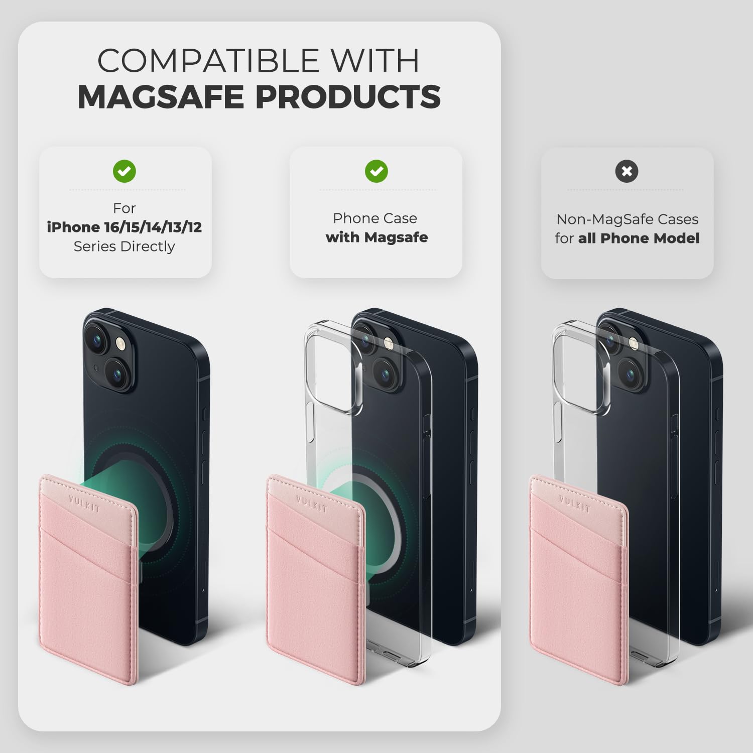 VULKIT Magnetic Phone Wallet for MagSafe - Slim RFID Blocking Card Holder for iPhone 16/15/14/13/12 Series - Compatible with MagSafe Cases (Rose Gold) | Perfect for Everyday Carry, Travel & Contactless Payments