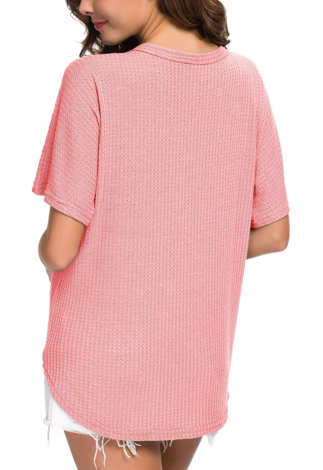 IWOLLENCE Women's Waffle Knit Tunic Blouse - Tie Knot Short Sleeve Henley Top, Loose Fitting Batwing Shirt for Casual Wear, Office Outfits & Spring Layering