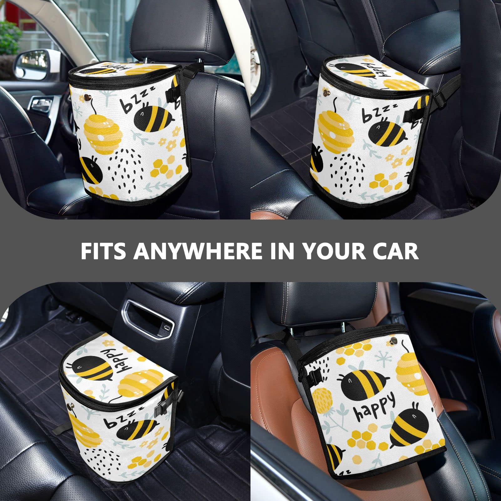 Funny Bees Beehive Car Trash Can with Lid - Waterproof Auto Garbage Bin with Leak-Proof Organizer, Collapsible & Portable Hanging Car Trash Bag for Herbs & Flowers - Multipurpose Vehicle Trash Can for Road Trips, Camping & Daily Commute