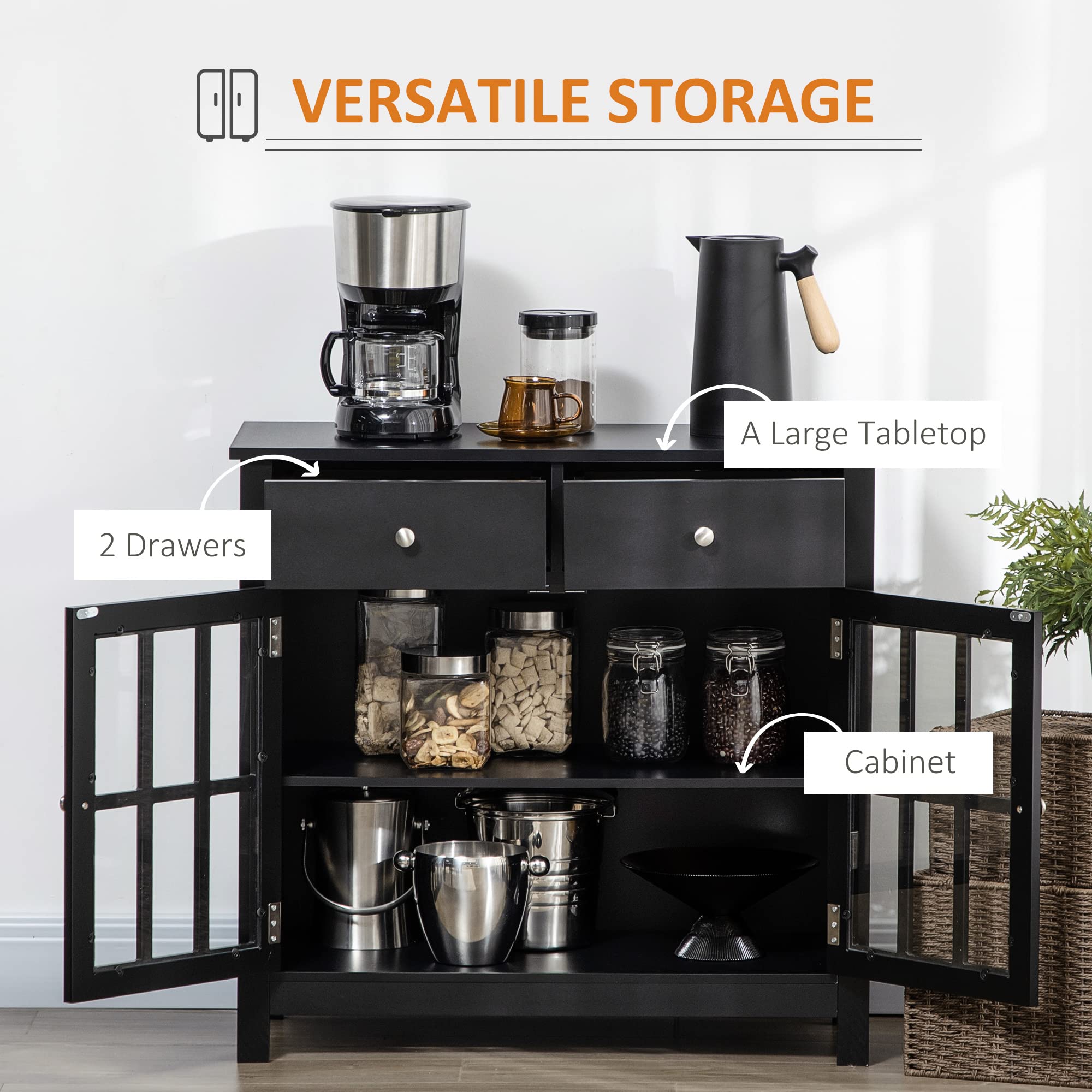 HOMCOM Sideboard Buffet Cabinet with Glass Doors - Adjustable Shelf & 2 Drawers - Modern Accent Kitchen Storage Cabinet in Black - Perfect for Dining Room, Kitchen Organization & Home Decor