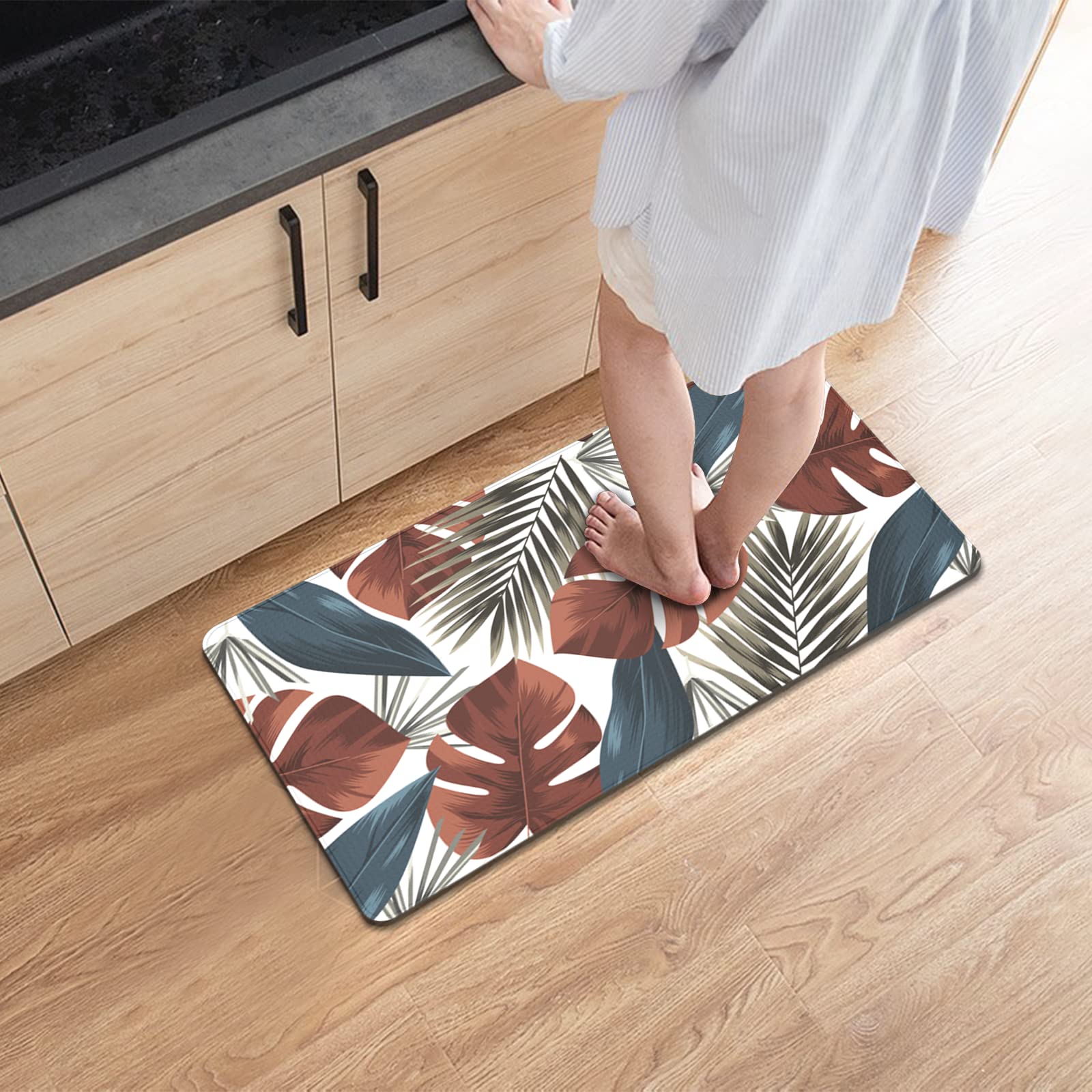 Artnice One Piece Anti-Fatigue Kitchen Mats - Watercolor Palm Leaf Design, PVC Waterproof Floor Rug for Kitchen, Hallway & Living Room | Comfortable Non-Slip Mat for Cooking, Dishwashing & Standing Long Hours