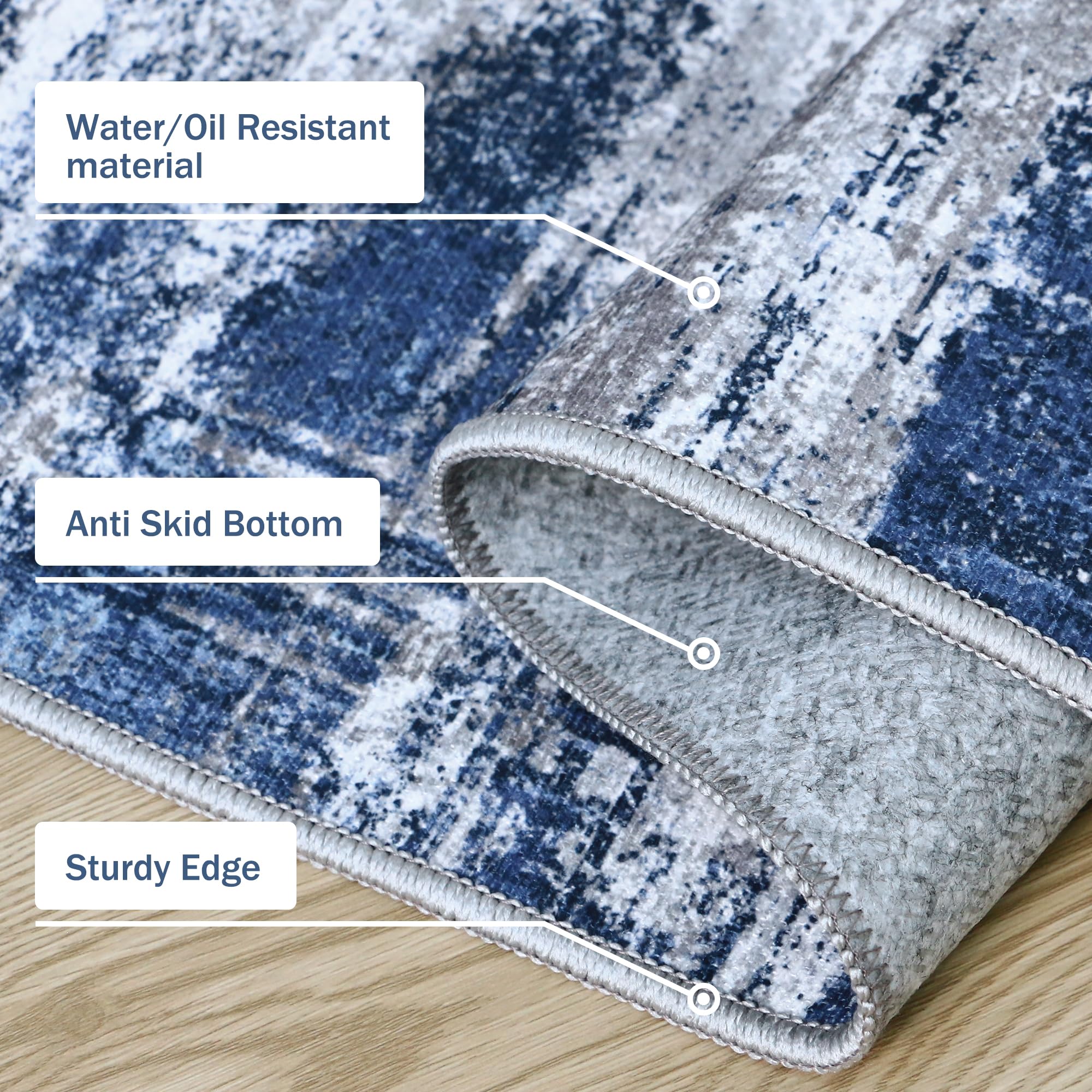 GENIMO Non-Slip Washable Kitchen Rugs Set of 3 - Waterproof Abstract Modern Floor Mats for Kitchen, Hallway, Laundry, Sink, Entryway & Bathroom - Blue & Ivory - Perfect for High-Traffic Areas & Spill Protection