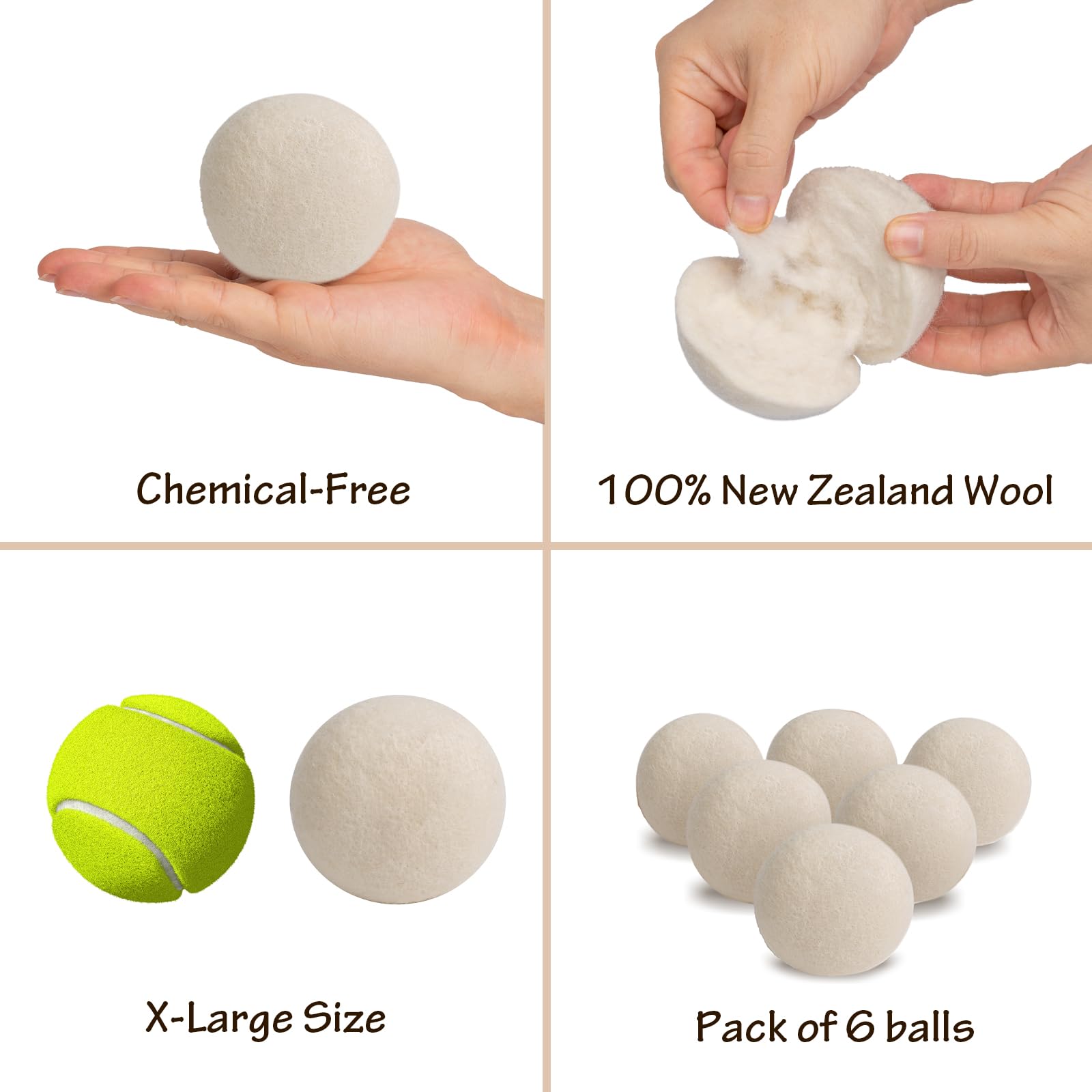 WoollyPals 100% New Zealand Wool Dryer Balls (6-Pack, XL Size) - Eco-Friendly Reusable Laundry Softener - Reduce Drying Time & Static Cling - Includes Storage Bag (Plain White) - Perfect for Organic Cotton, Baby Clothes & Sustainable Homes