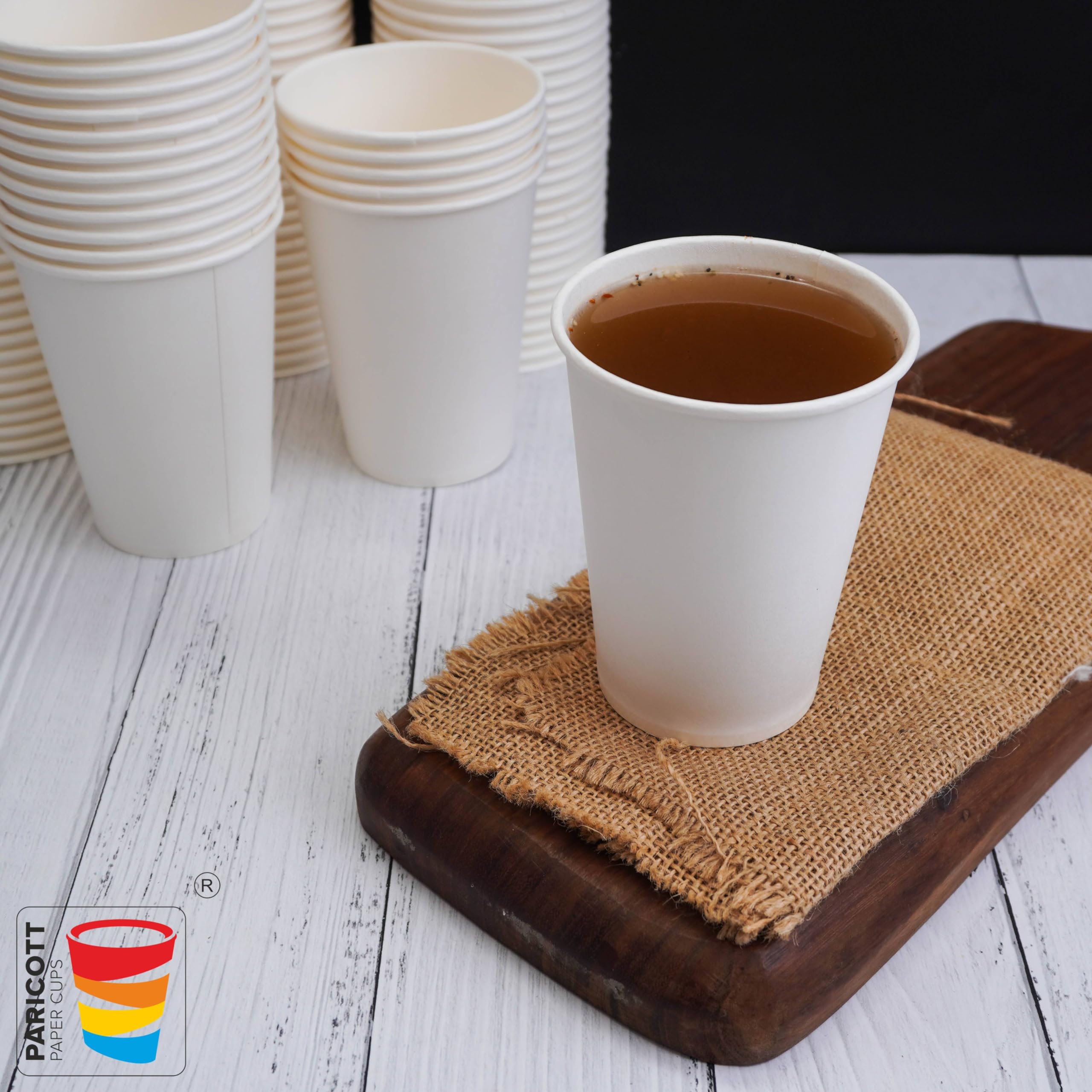 PARICOTT 250ml Disposable Plain Glass Drinking Cups - 100pcs Bulk for Cocktail, Wine, Tea, Coffee, Juice & Water | Eco-Friendly Party Cups for Weddings, BBQs, Picnics & Office Events | Unprinted Paper Cups Without Lid