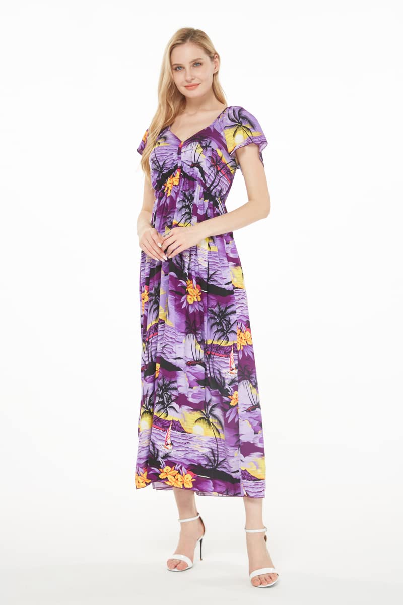 Women's Hawaiian Maxi Dress with Ruffle Sleeves - Tropical Sunset Print Flowy Beach Dress for Vacation, Summer Party & Boho Fashion