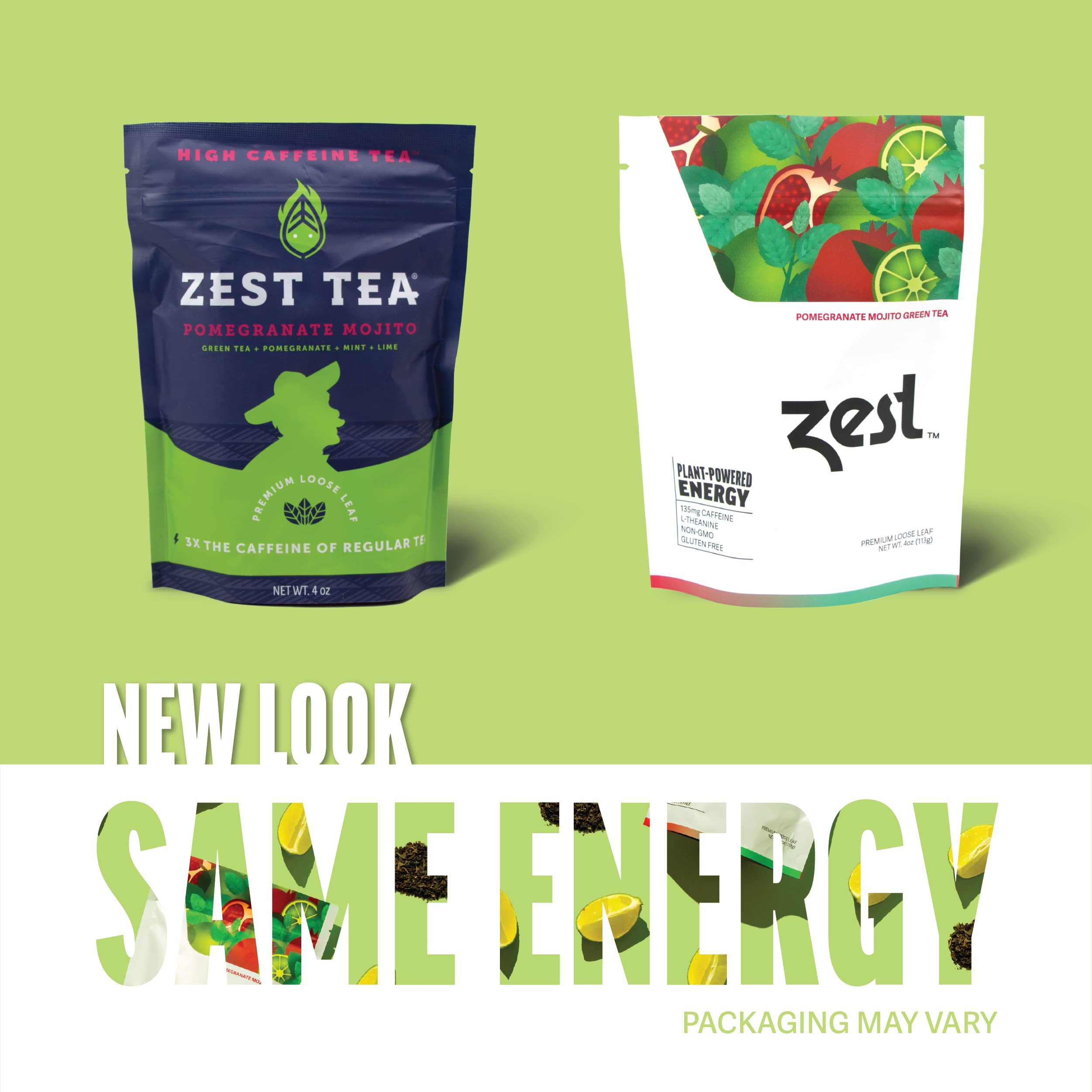 Zest 135mg High Caffeine Energy Loose Leaf Green Tea - Pomegranate Mojito Flavor, 4 Oz | All Natural, Strong Flavored Healthy Coffee Alternative | Highly Caffeinated, Keto-Friendly | Perfect for Morning Boost, Workout Energy & Study Focus