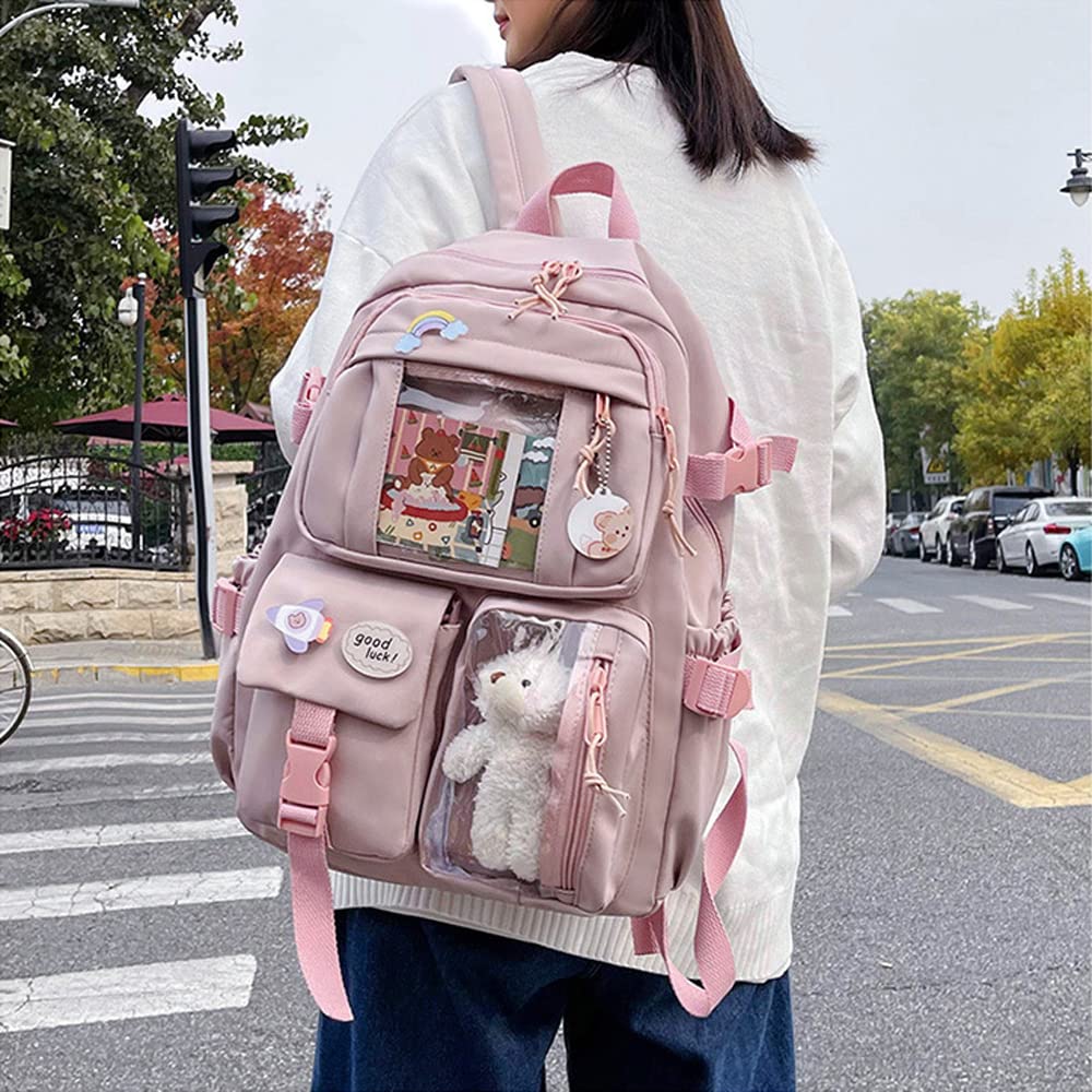 Preppy Kawaii Backpack for Girls with Pin & Accessories - School & Travel (Red)