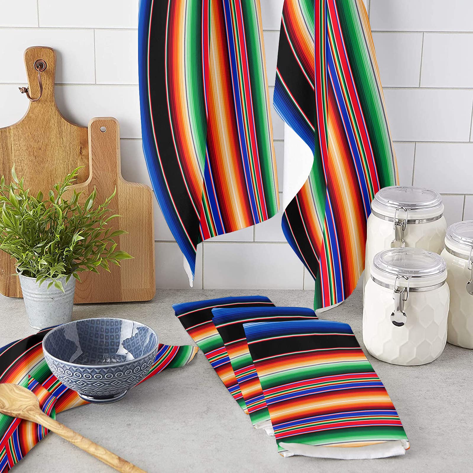 Colorful Striped Mexican Serape Kitchen Towels - 18x28 Inch Soft Microfiber Absorbent Dish Towels (3-Pack) - Perfect for Drying Dishes, Cleaning Countertops & Bathroom Use