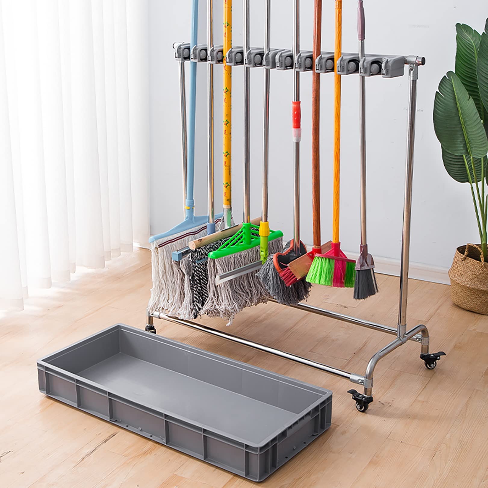 Adjustable Broom and Mop Holder with 5 Racks & 6 Hooks - Wall Mounted or Floor Standing Wet Mop Storage Organizer for Garage, Kitchen, Bathroom - Heavy Duty Cleaning Tool Cart for Home, School, Hospital, Hotel, and Office Use