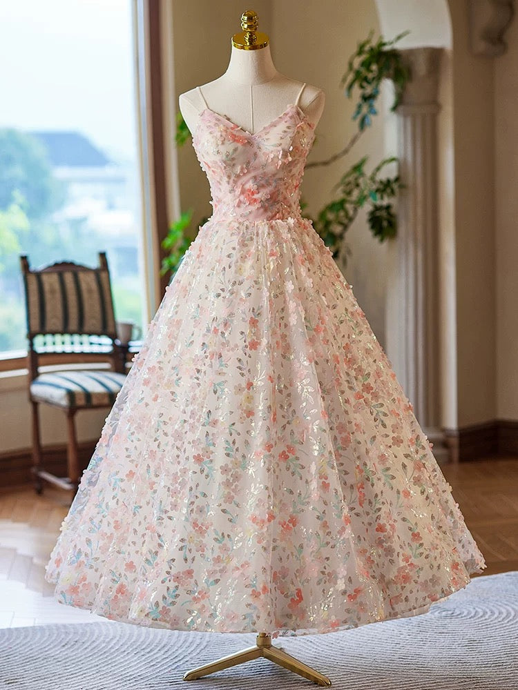 Elegant A-Line V-Neck Floral Lace Tea-Length Pink Prom Dress for Formal Events - Perfect for Homecoming, Dances & Special Occasions