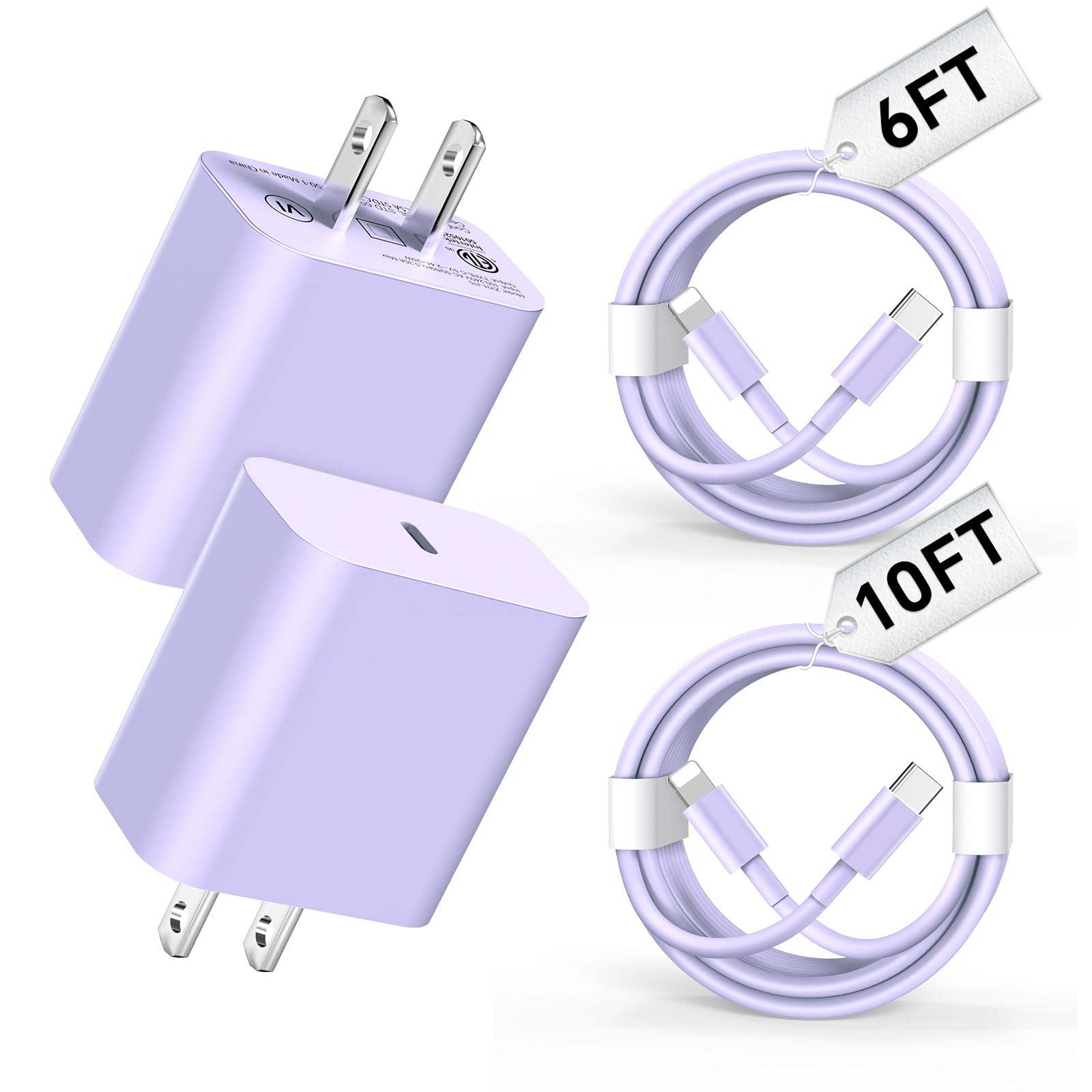 20W USB C Fast Charger 2-Pack with 6FT/10FT Cable - Compatible with iPhone 14/13/12/11 Pro/Max/Plus/XS/XR/X/SE/8 & iPad - Purple Wall Charger for Home, Office & Travel