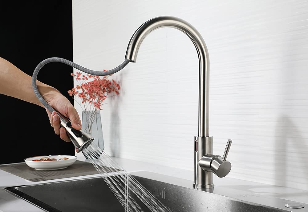 Touchless Pull Down Kitchen Faucet with Pull Out Sprayer, Single Handle Stainless Steel Brushed Nickel Sink Faucet, 2 Water Modes for Modern and Family Kitchens